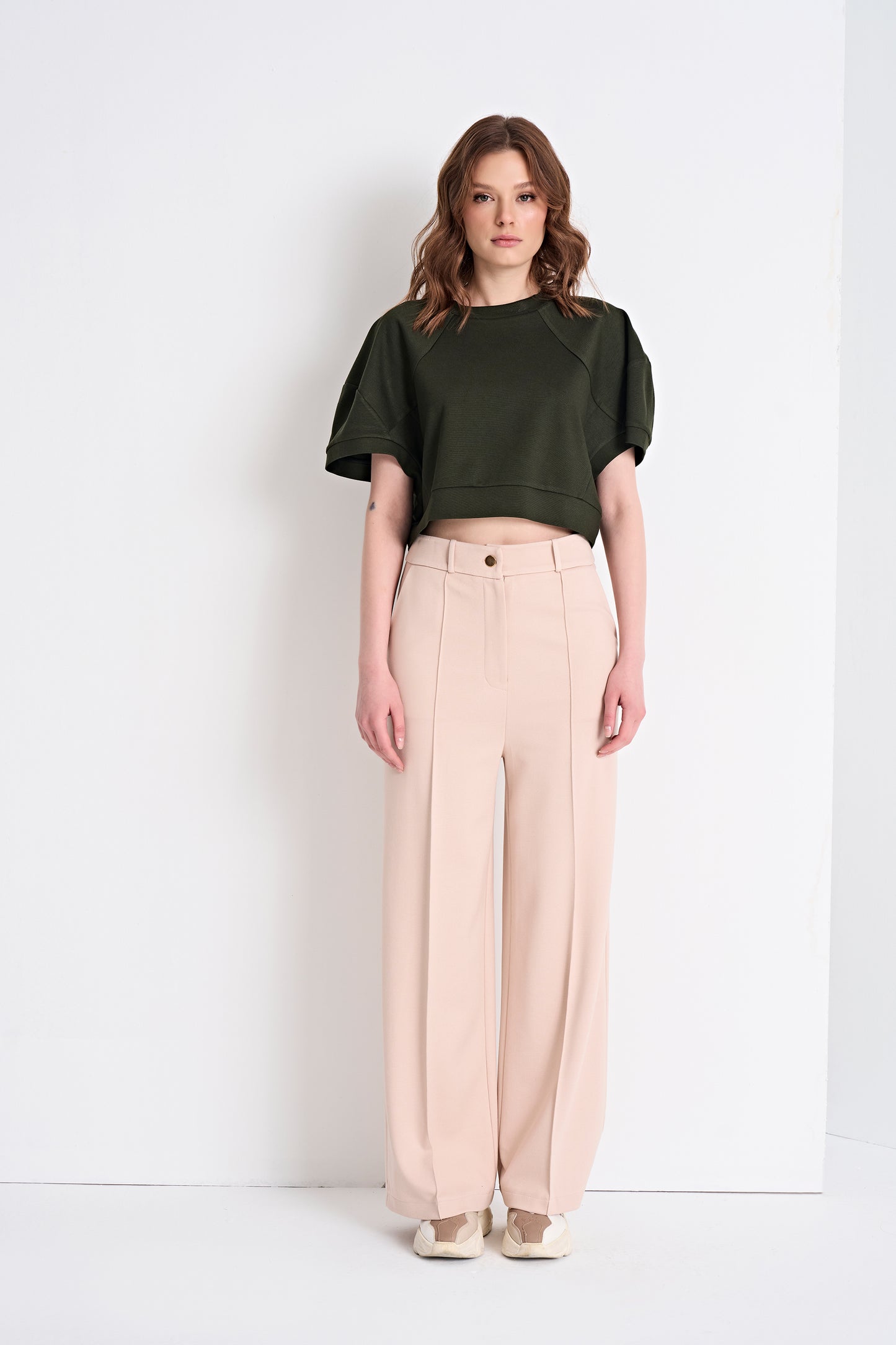 Puff Sleeve Cropped Top and High-Waisted Wide-Leg Pants (Top)