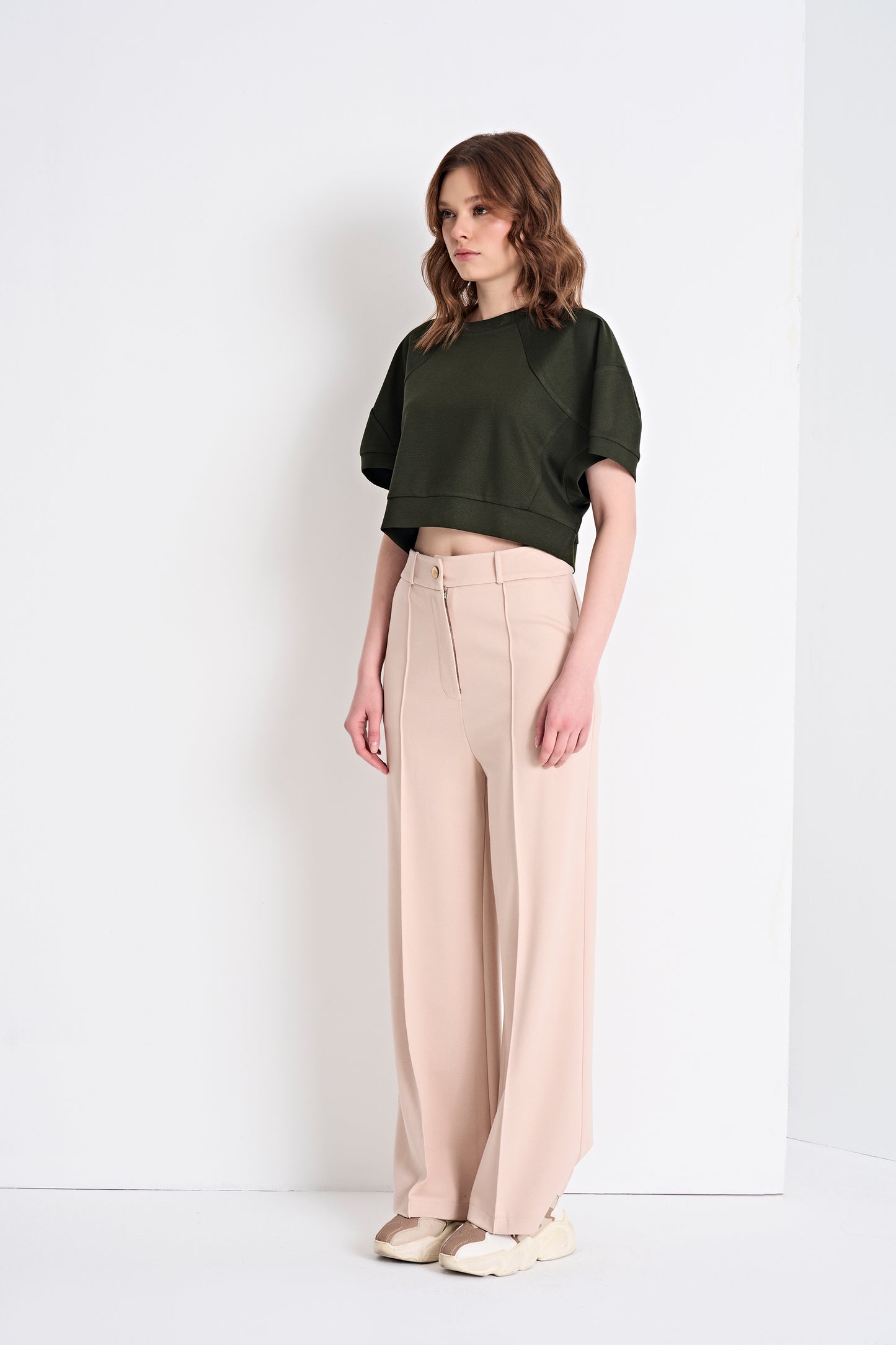 Puff Sleeve Cropped Top and High-Waisted Wide-Leg Pants (Top)