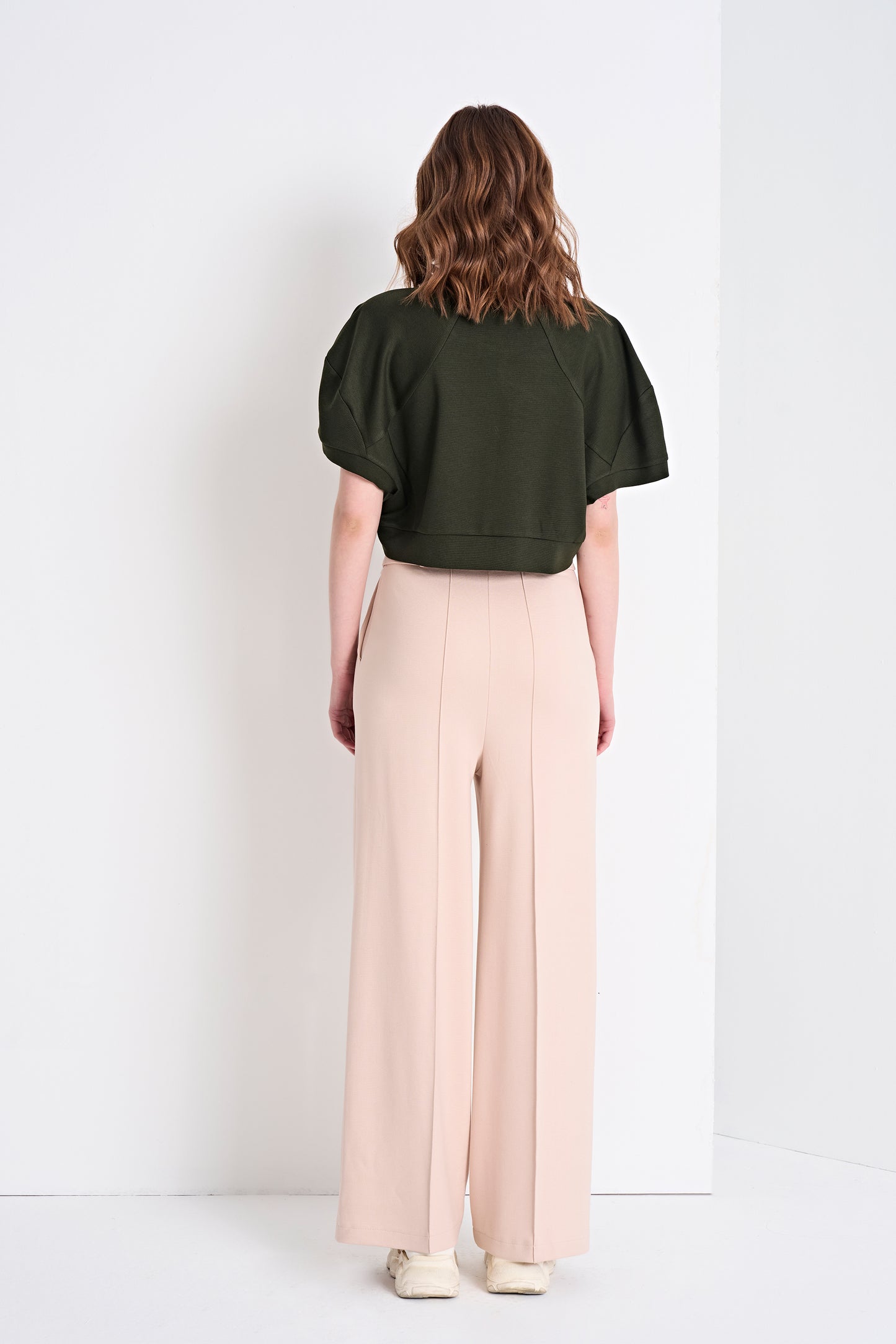 Puff Sleeve Cropped Top and High-Waisted Wide-Leg Pants (Top)