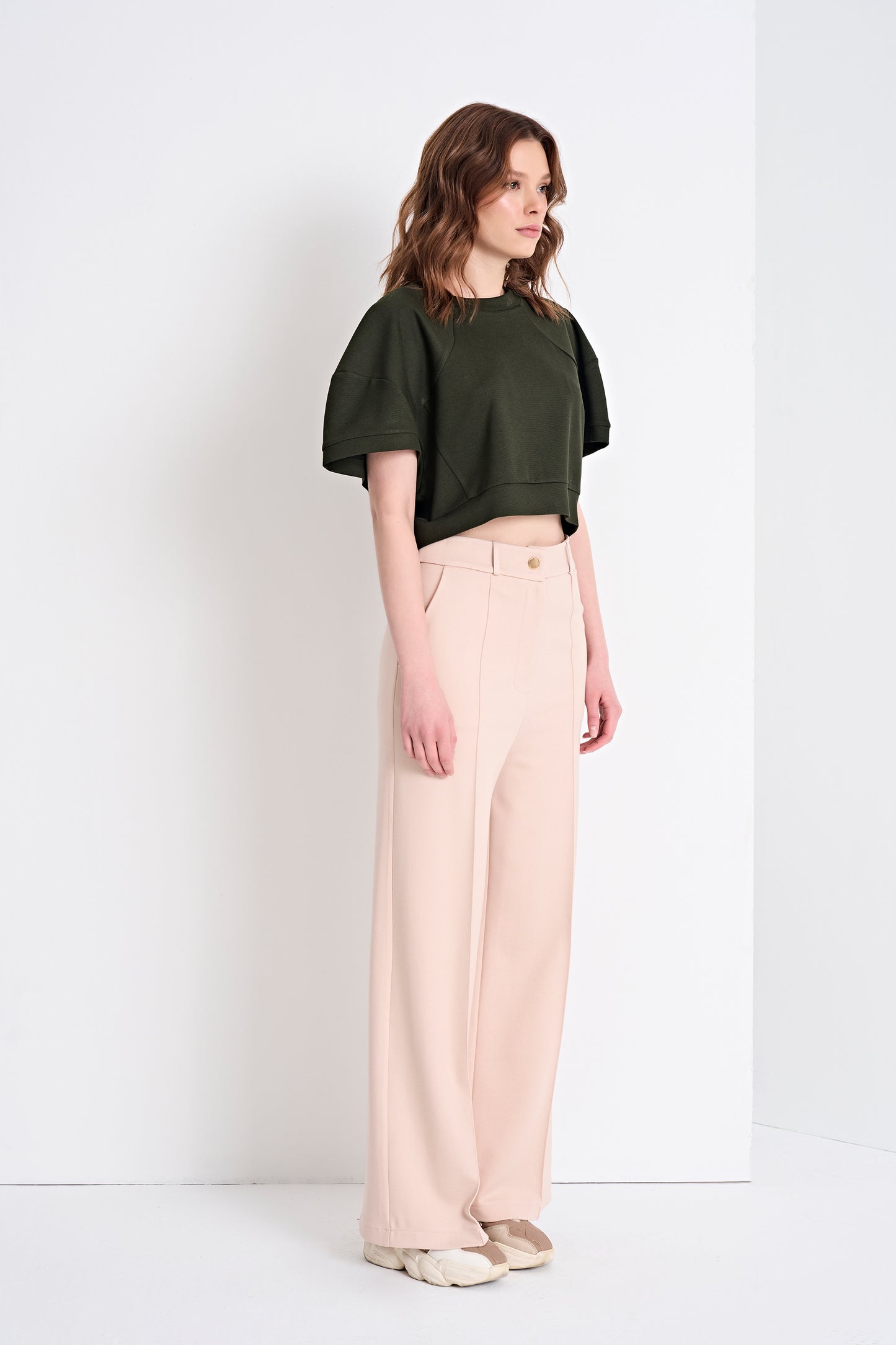 Puff Sleeve Cropped Top and High-Waisted Wide-Leg Pants (Top)