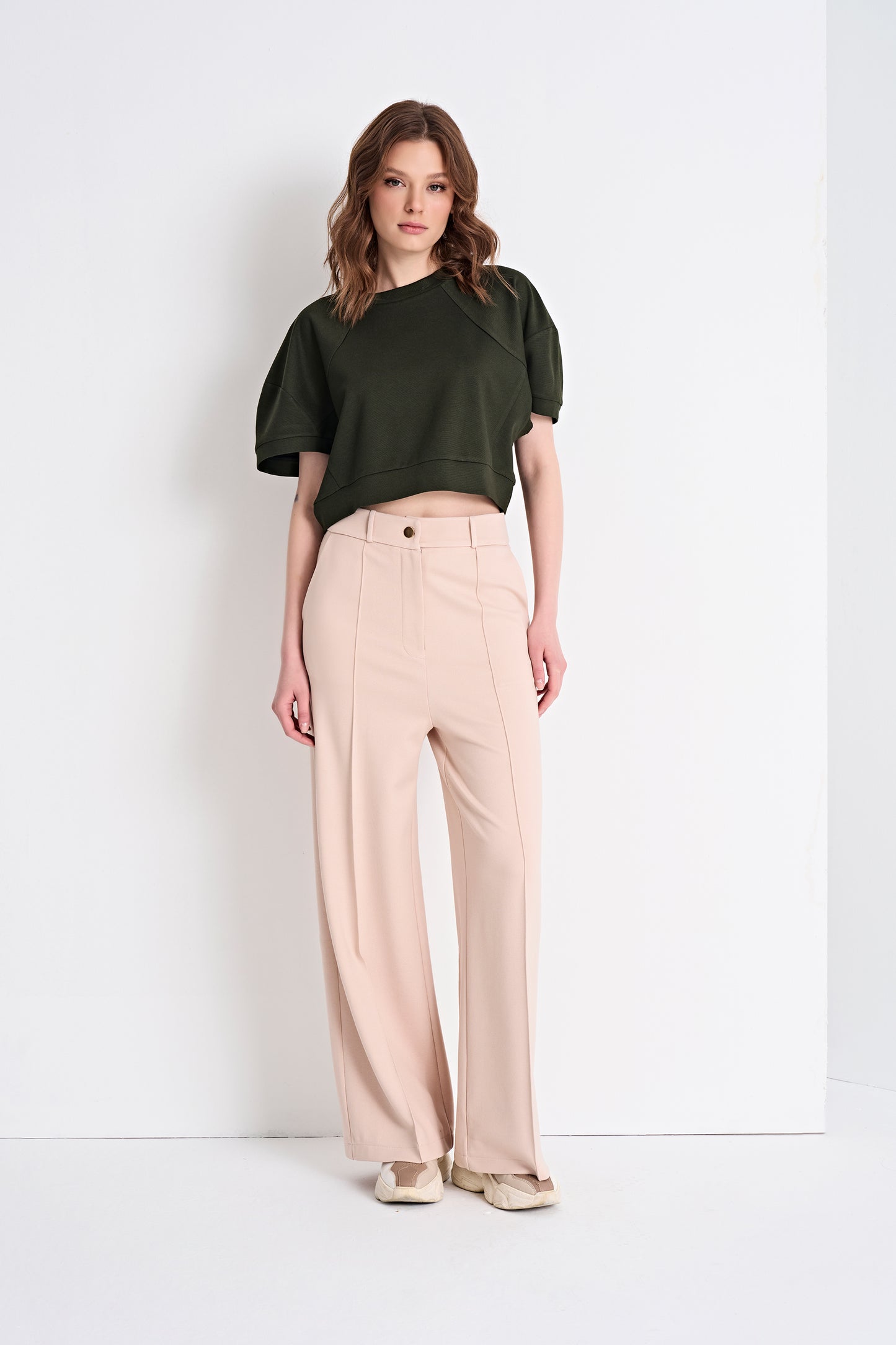 Puff Sleeve Cropped Top and High-Waisted Wide-Leg Pants (Top)
