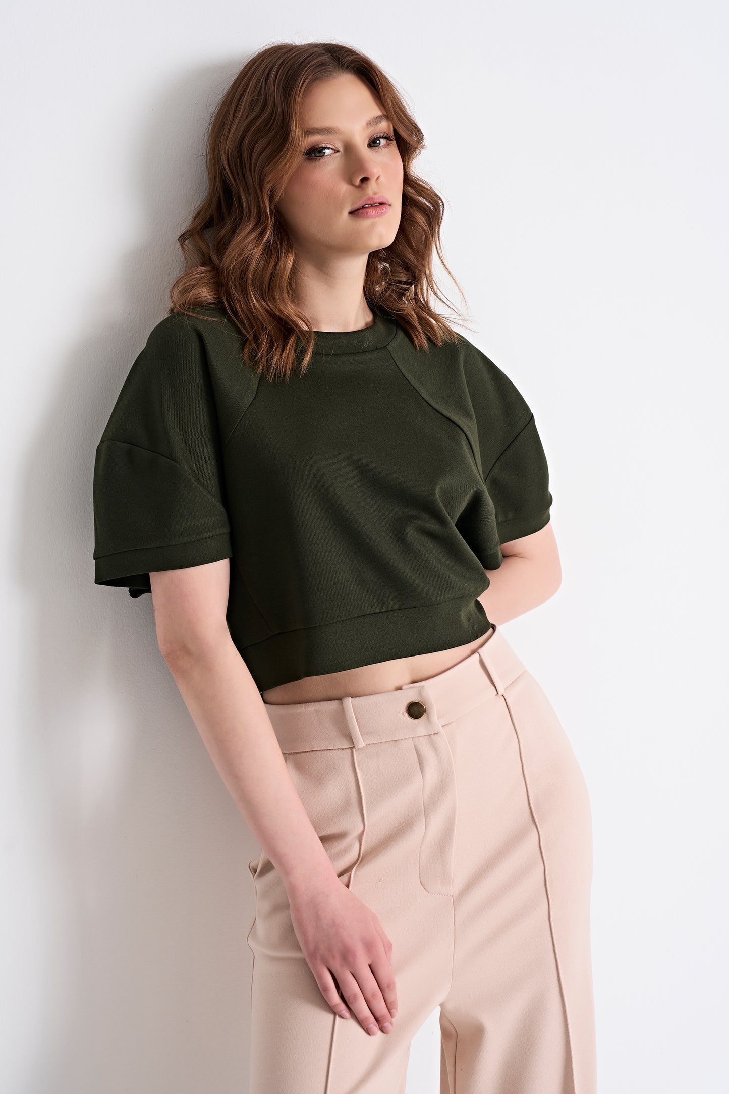 Puff Sleeve Cropped Top and High-Waisted Wide-Leg Pants (Top)