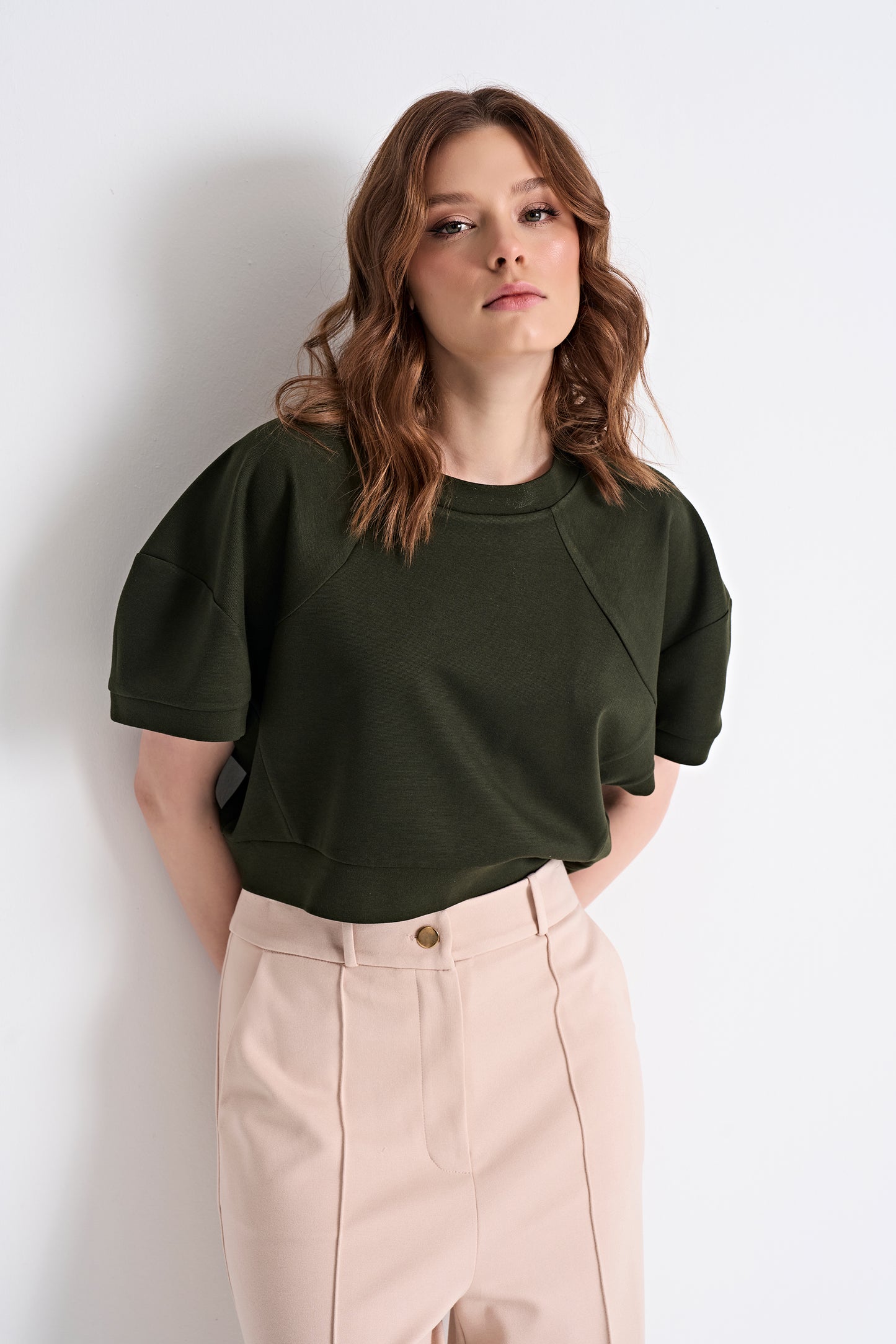 Puff Sleeve Cropped Top and High-Waisted Wide-Leg Pants (Top)