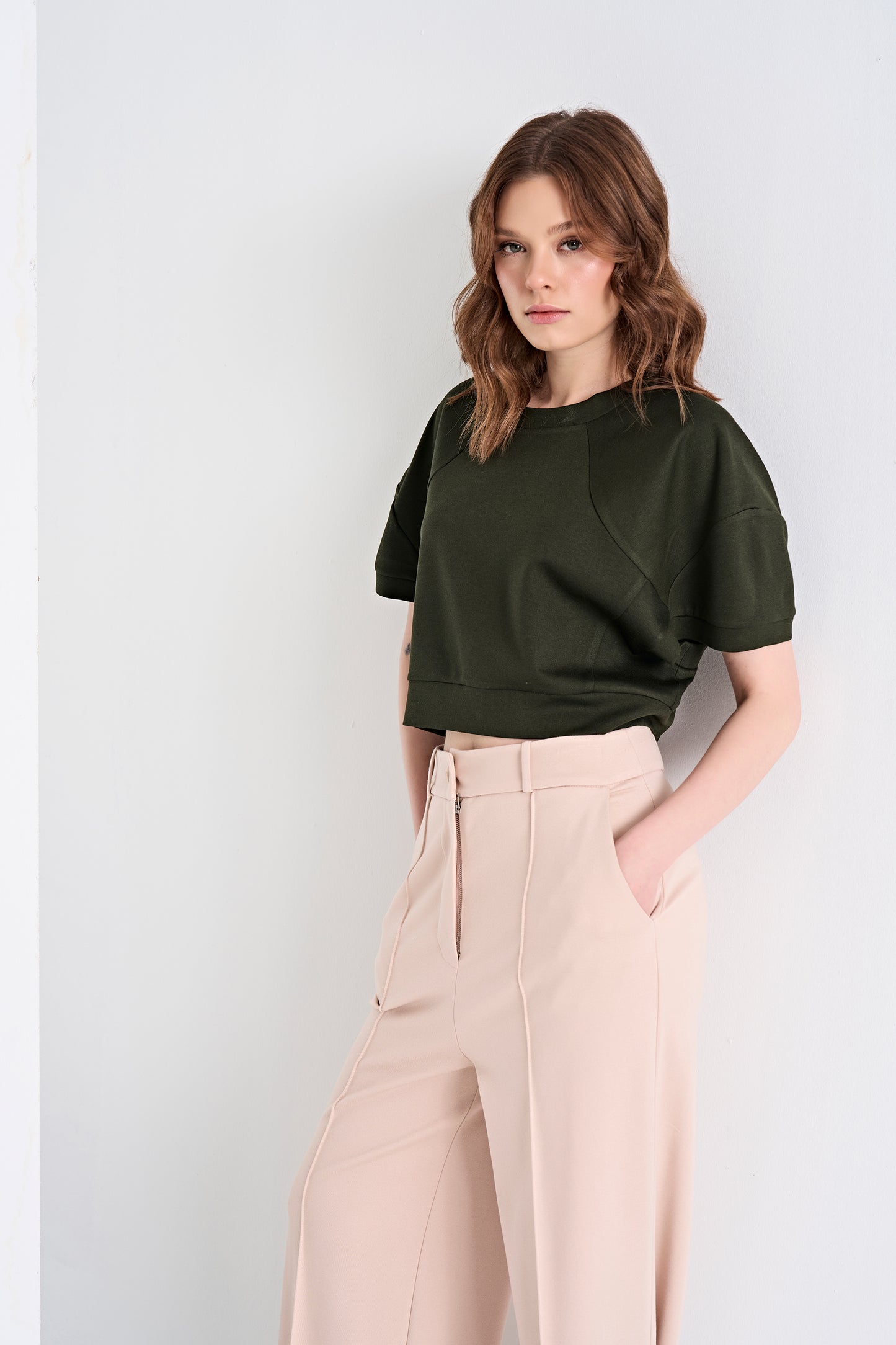 Puff Sleeve Cropped Top and High-Waisted Wide-Leg Pants (Top)