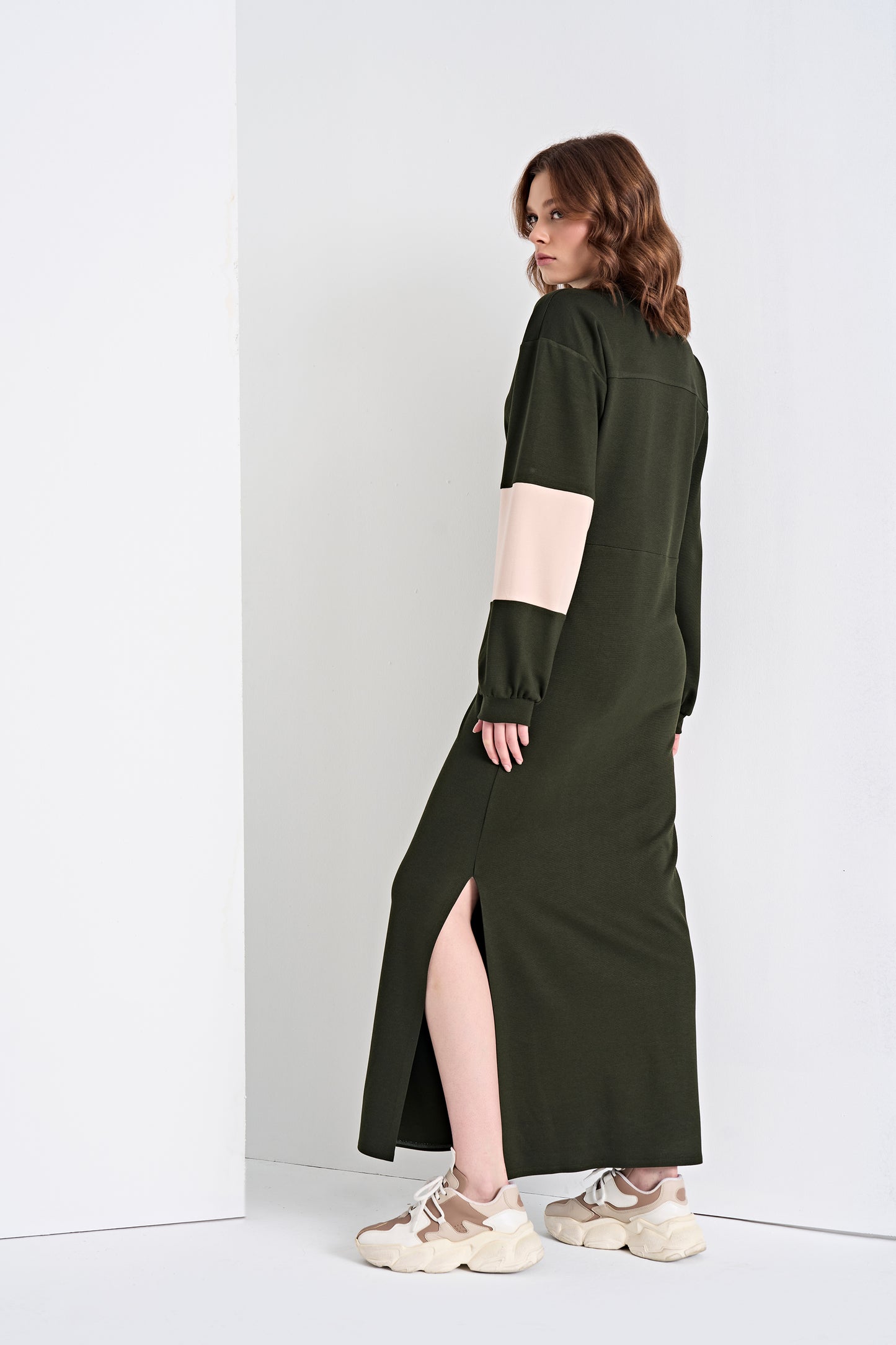 Color-Blocked Zip-Front Maxi Dress