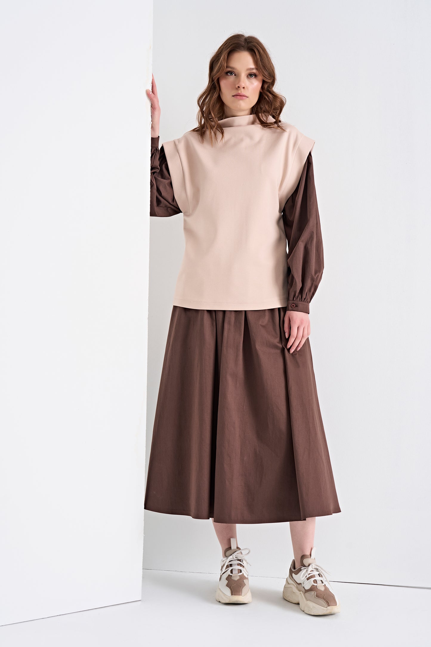 Layered Look Top and Flowy Midi Skirt Set (Top)