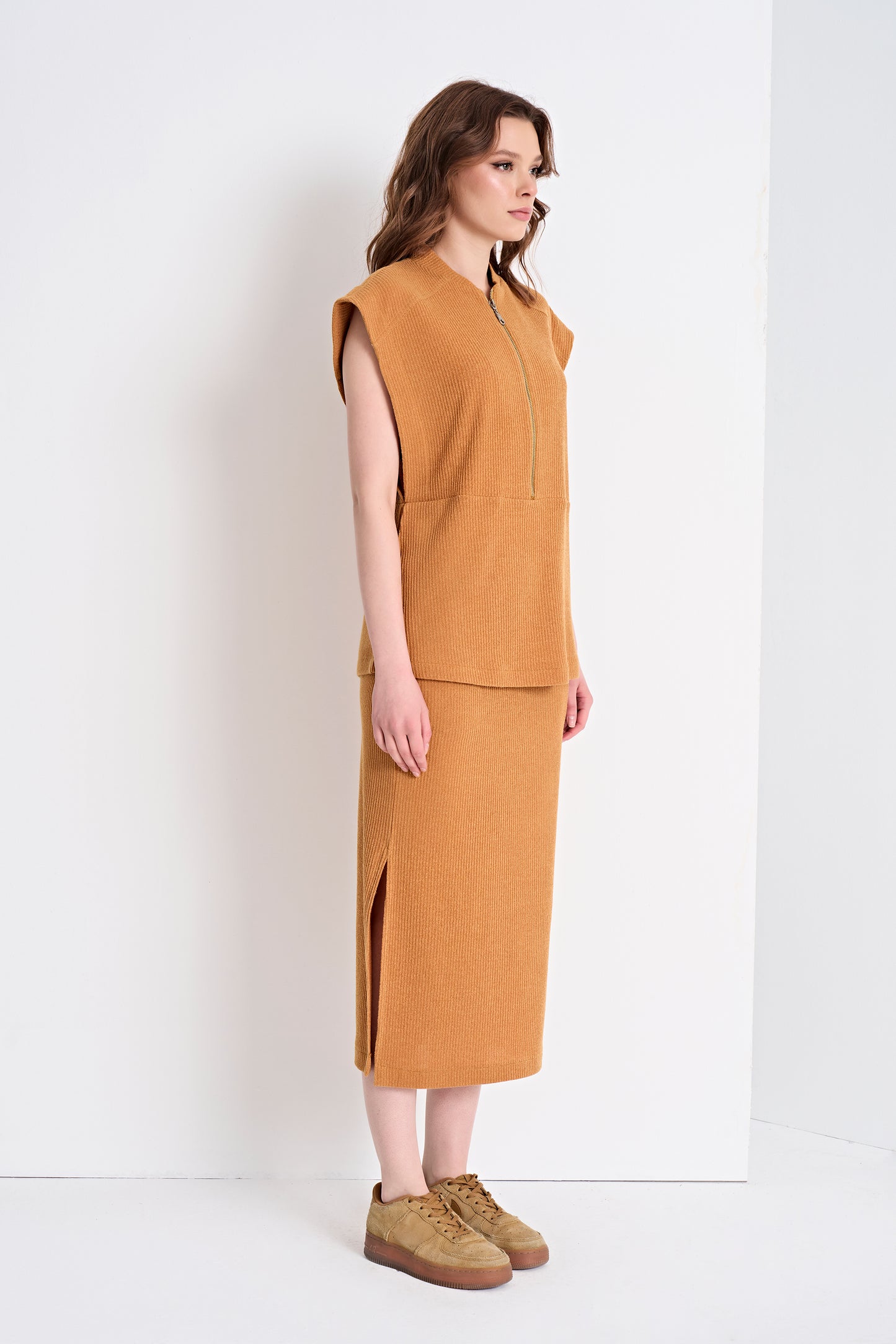Textured Knit Top with Zipper Detail and Midi Skirt Set (Bottom)