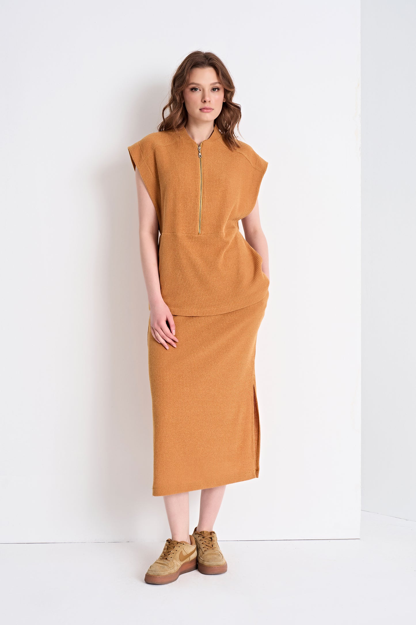 Textured Knit Top with Zipper Detail and Midi Skirt Set (Bottom)