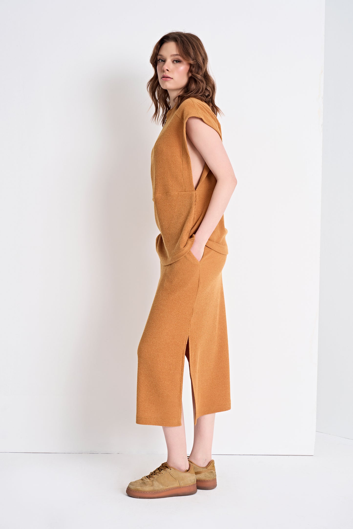Textured Knit Top with Zipper Detail and Midi Skirt Set (Bottom)
