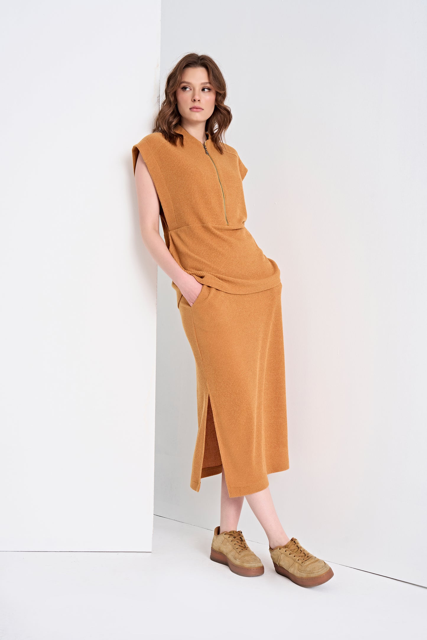 Textured Knit Top with Zipper Detail and Midi Skirt Set (Bottom)