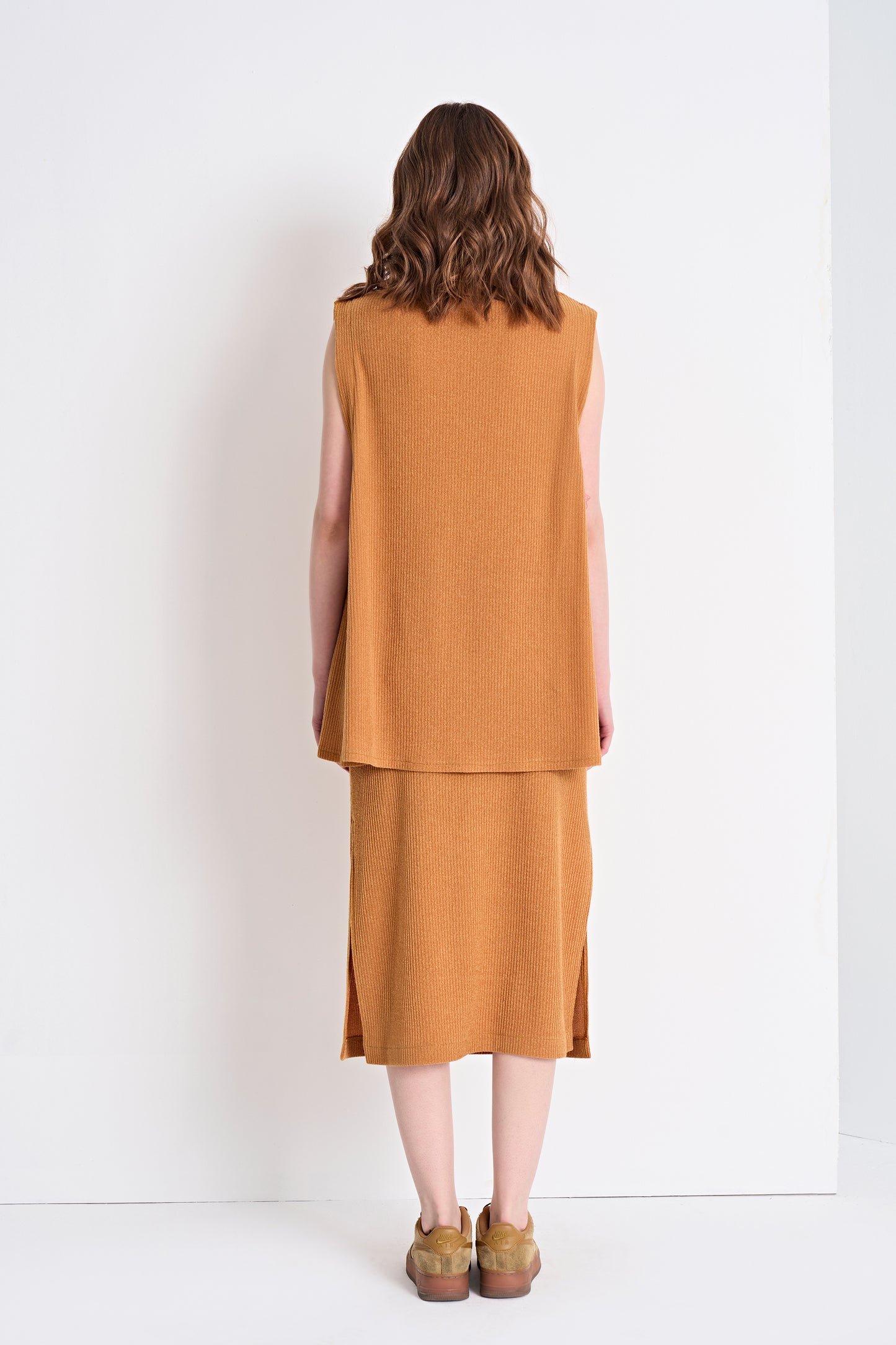 Sleeveless Cowl Neck Top and Textured Midi Skirt Set (Top)