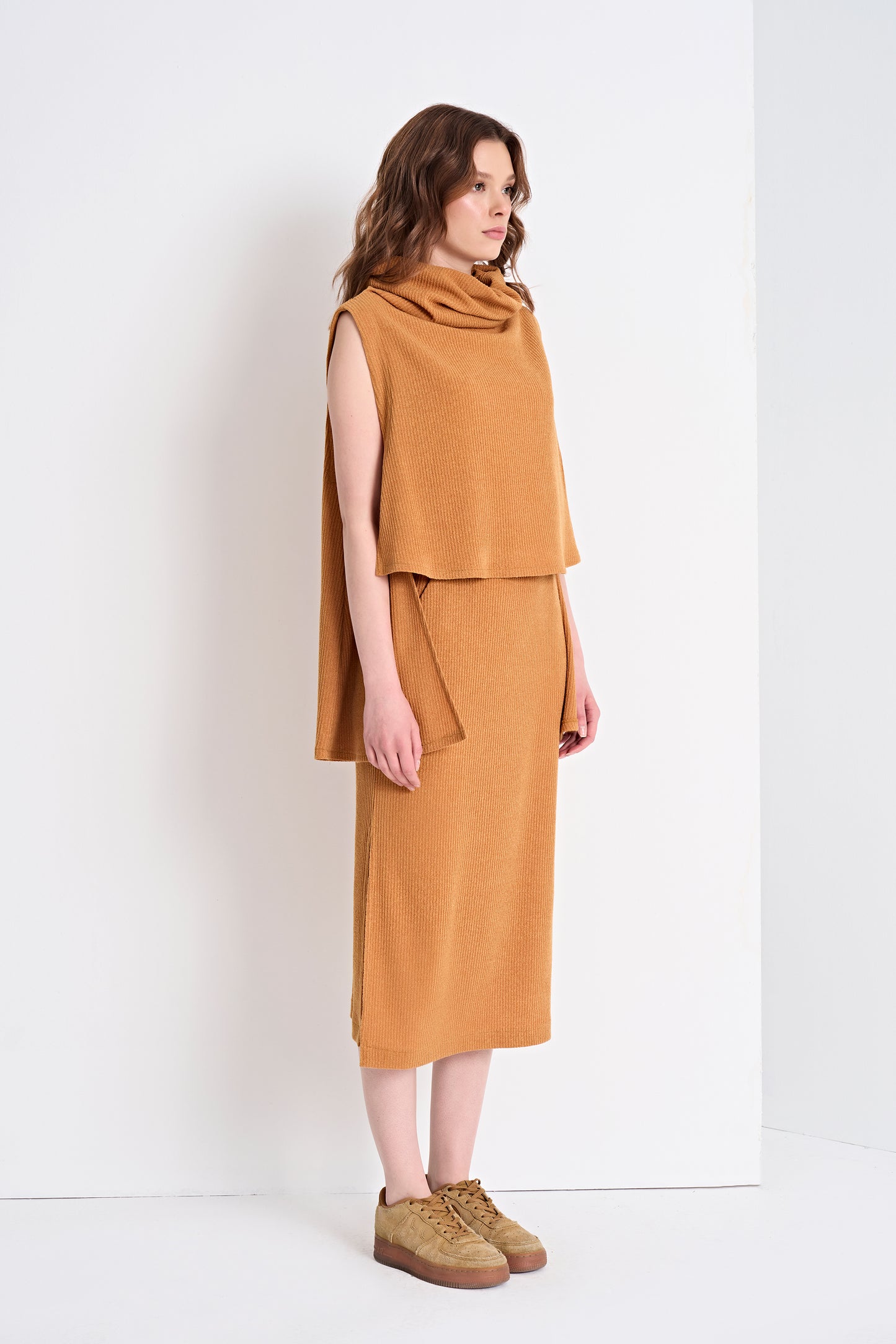 Sleeveless Cowl Neck Top and Textured Midi Skirt Set (Top)