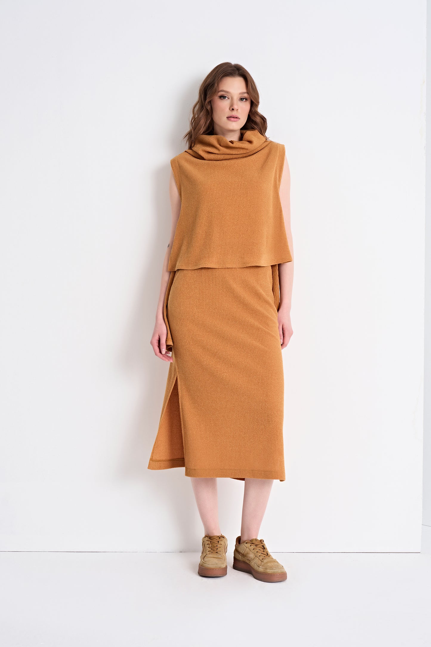 Sleeveless Cowl Neck Top and Textured Midi Skirt Set (Top)