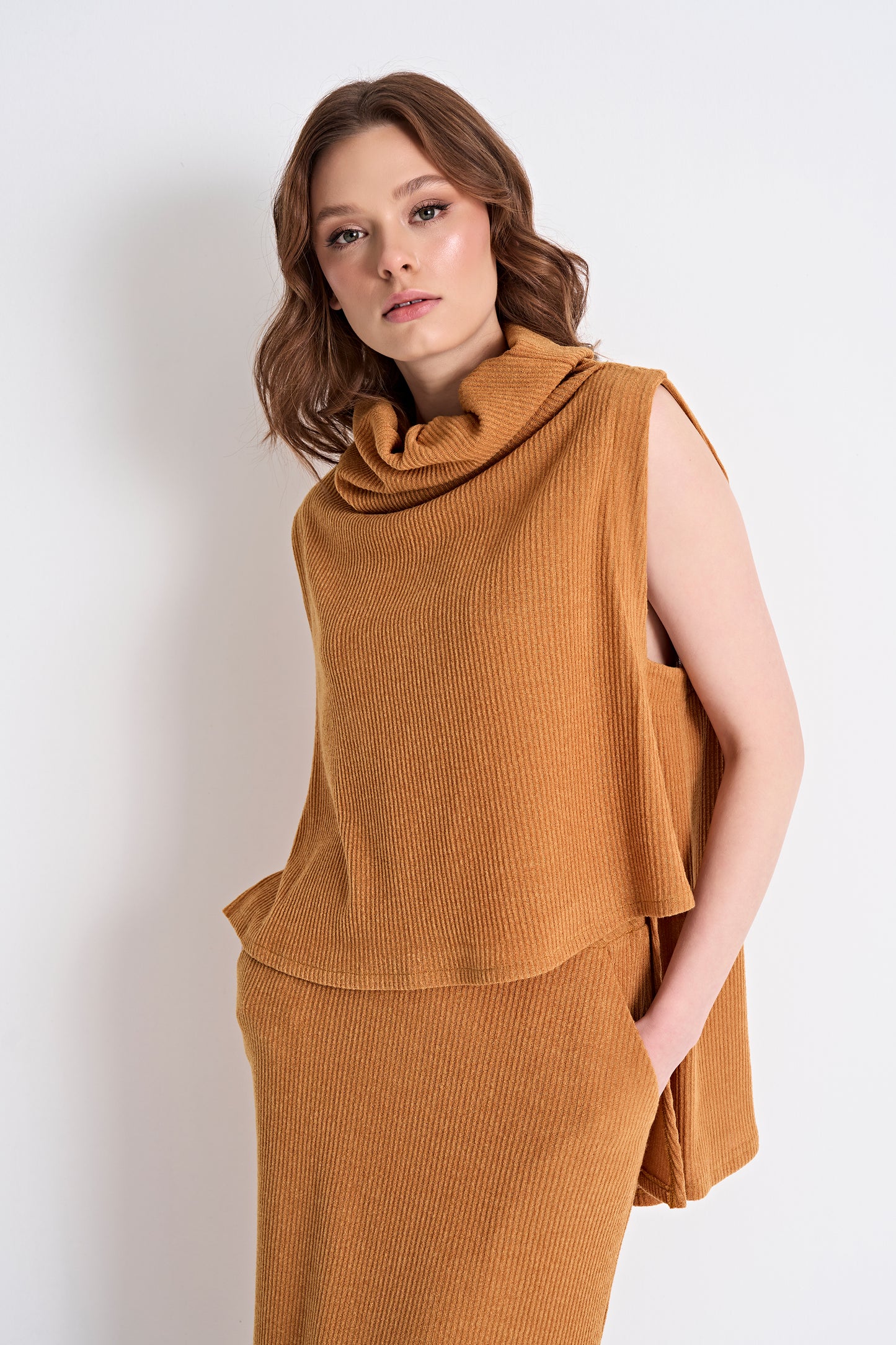 Sleeveless Cowl Neck Top and Textured Midi Skirt Set (Top)