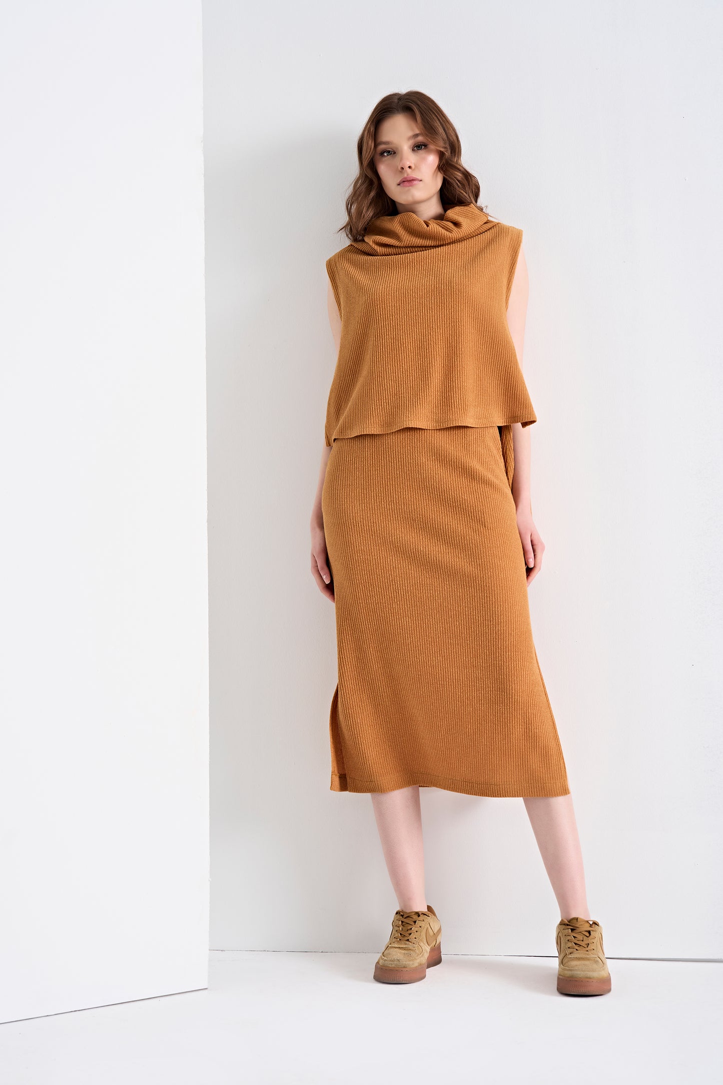 Sleeveless Cowl Neck Top and Textured Midi Skirt Set (Top)