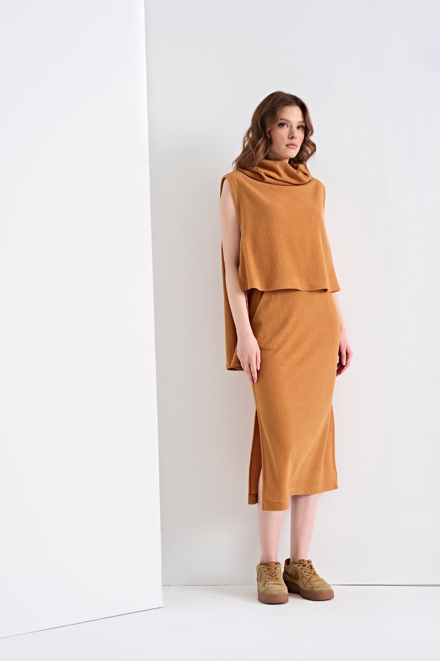 Sleeveless Cowl Neck Top and Textured Midi Skirt Set (Top)