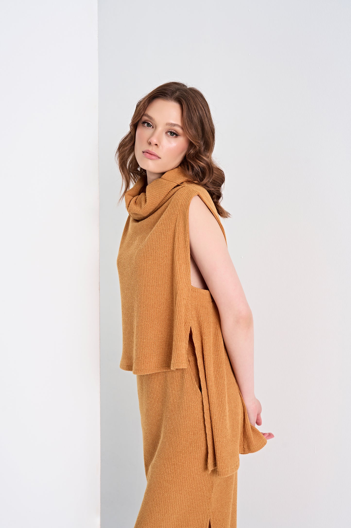 Sleeveless Cowl Neck Top and Textured Midi Skirt Set (Top)