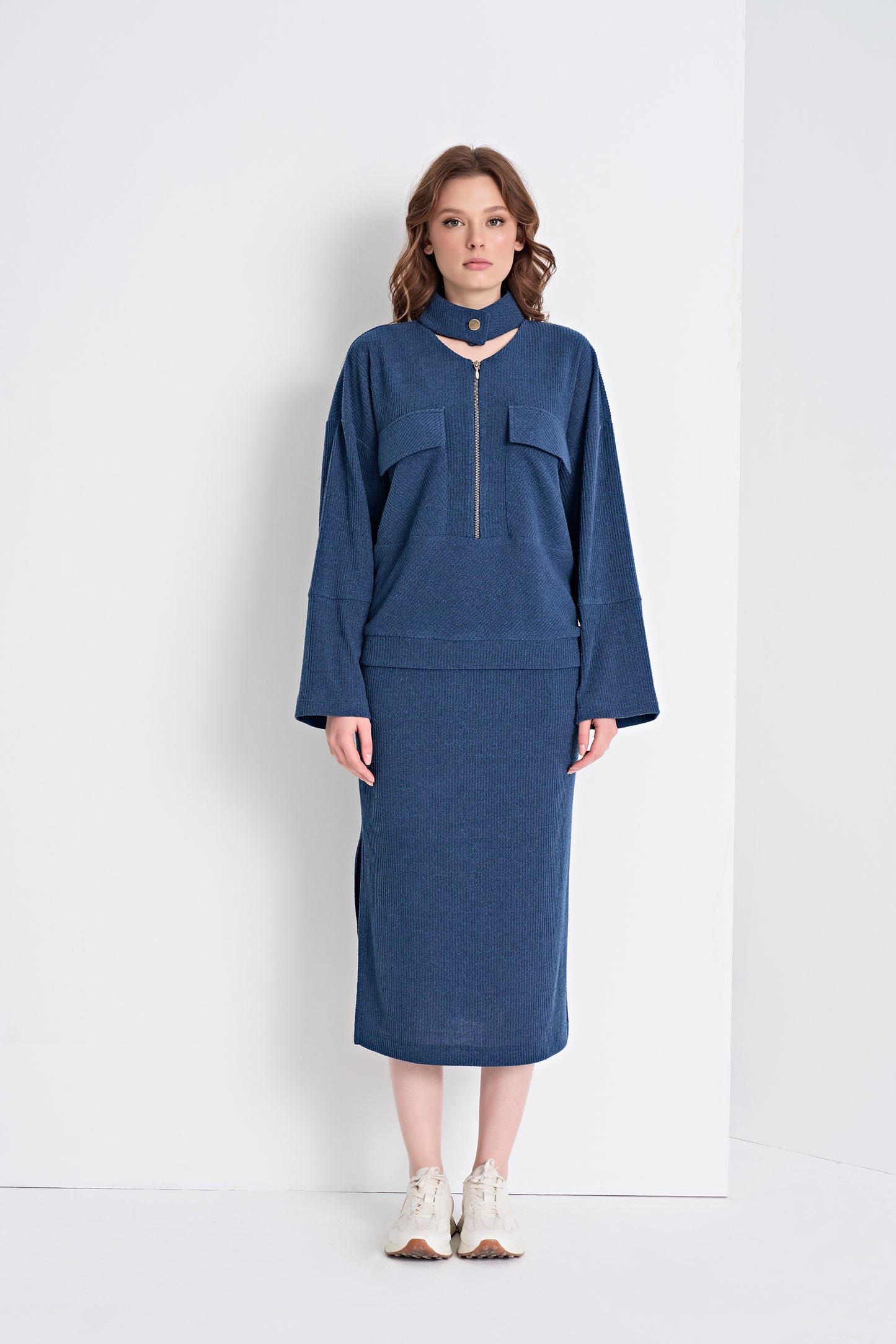 Textured Knit Top with Zipper and Choker Detail and Midi Skirt Set (Top)