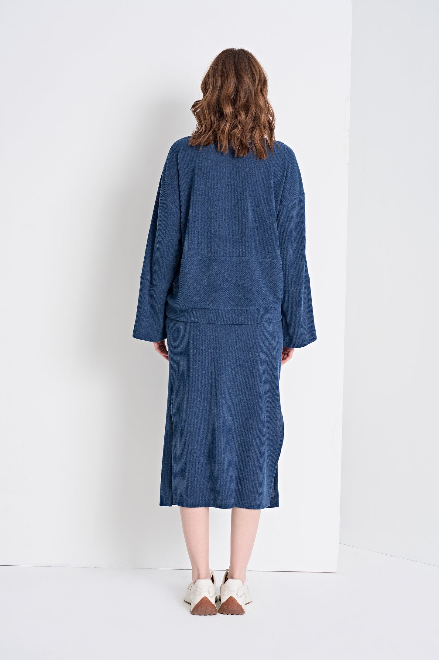 Textured Knit Top with Zipper and Choker Detail and Midi Skirt Set (Top)