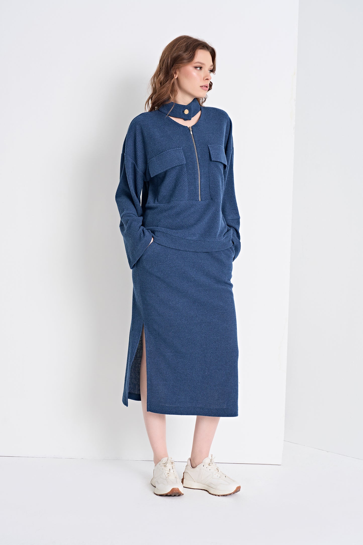 Textured Knit Top with Zipper and Choker Detail and Midi Skirt Set (Top)