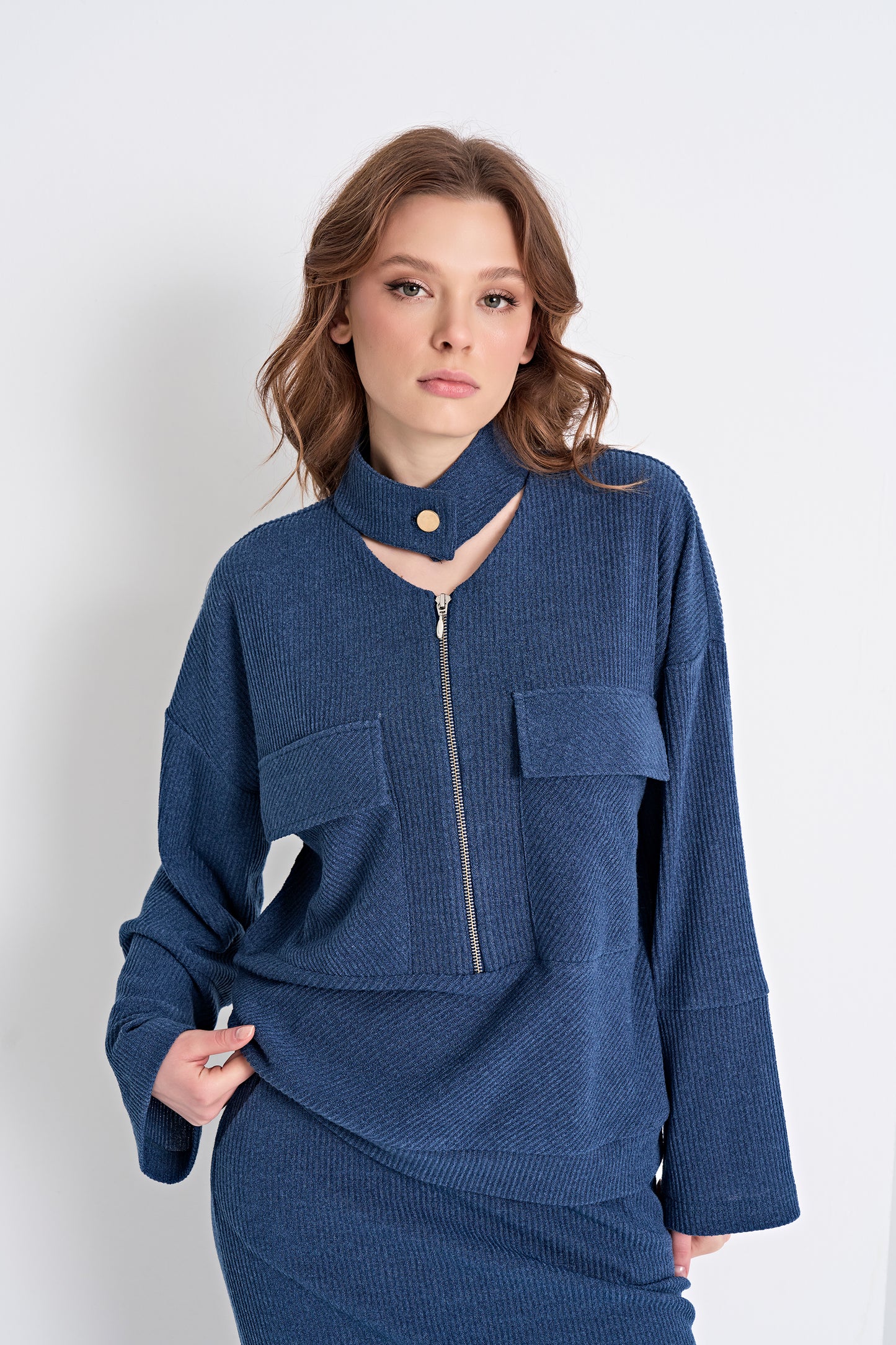 Textured Knit Top with Zipper and Choker Detail and Midi Skirt Set (Top)
