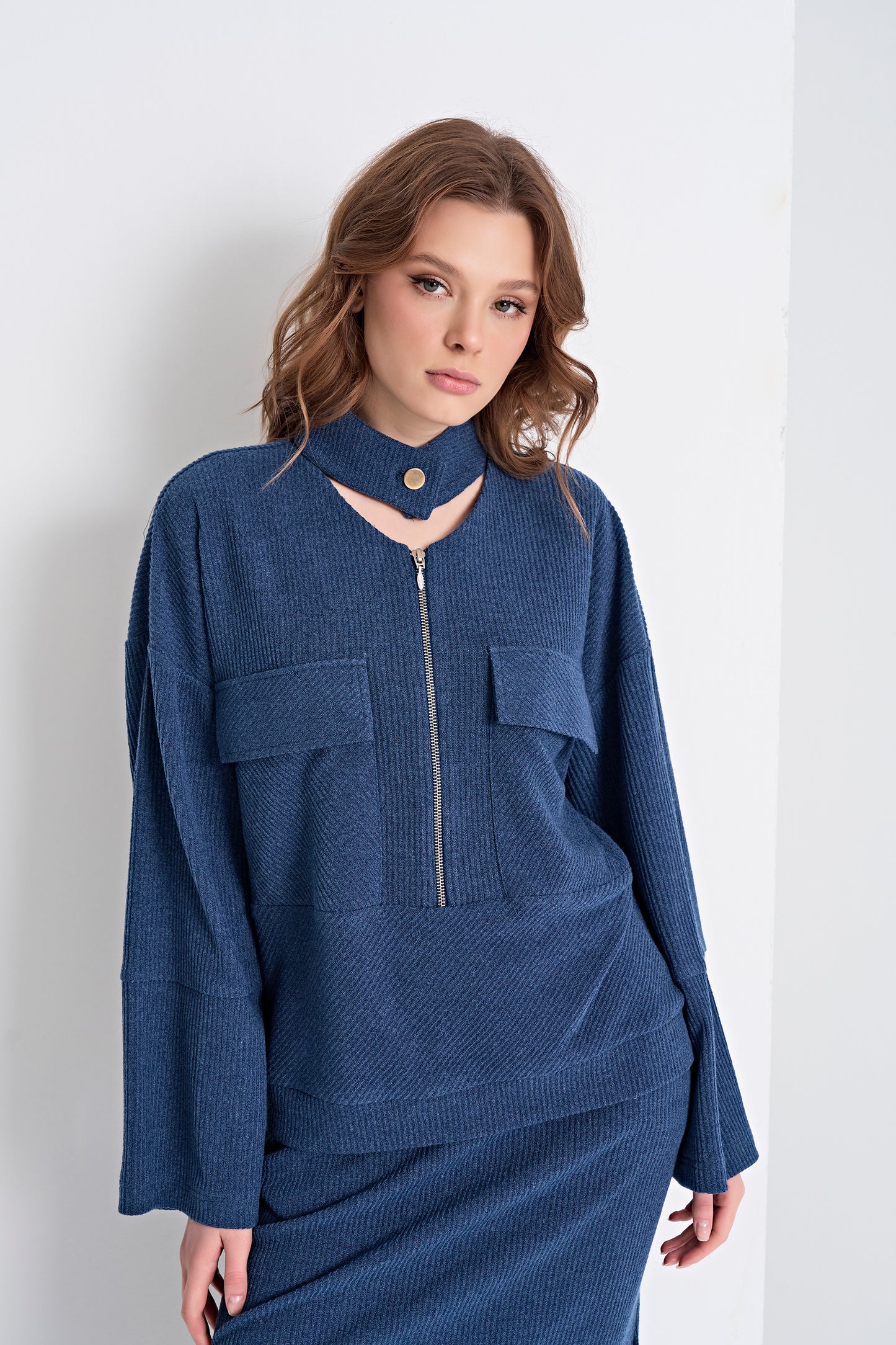 Textured Knit Top with Zipper and Choker Detail and Midi Skirt Set (Top)