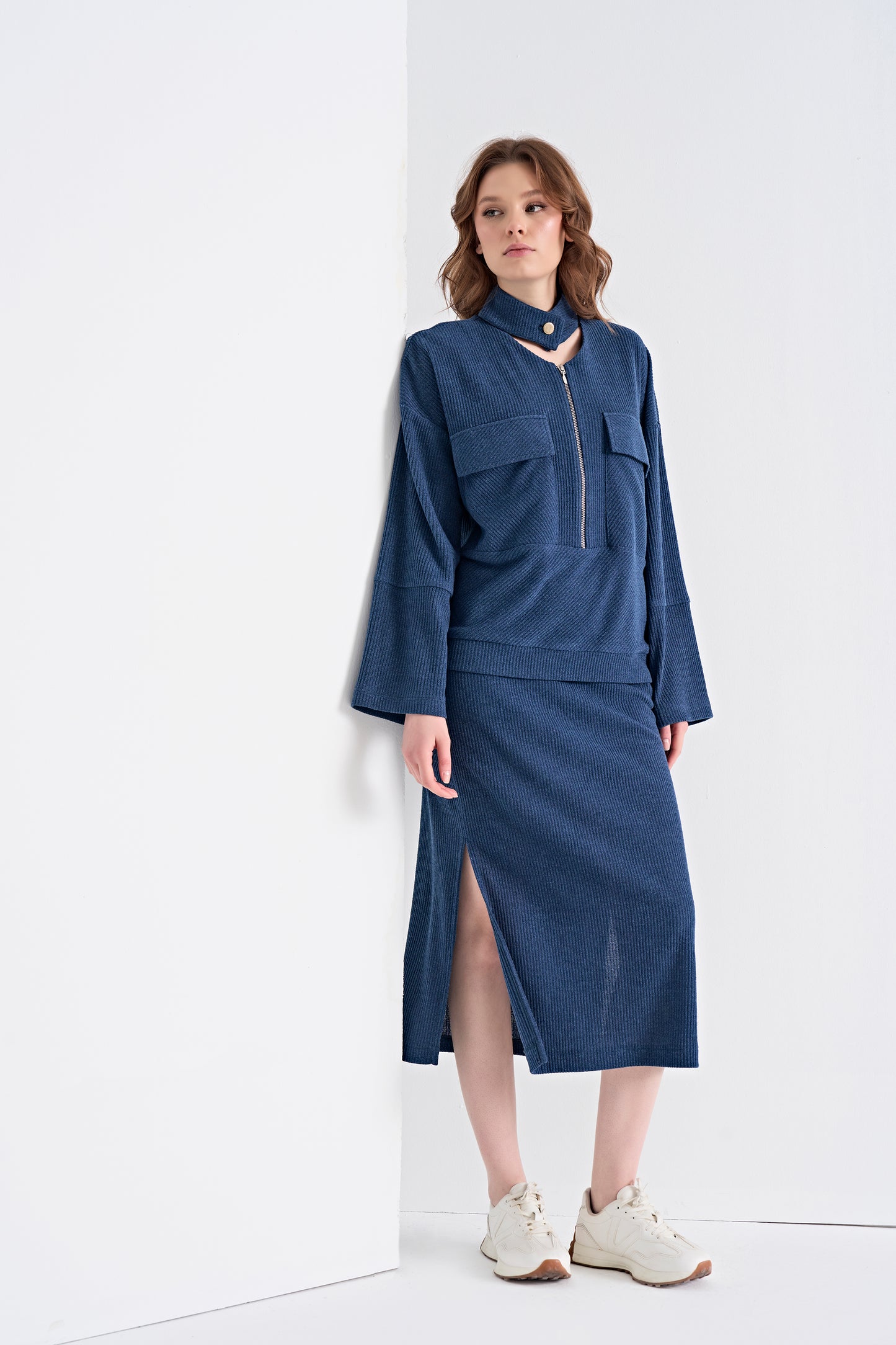 Textured Knit Top with Zipper and Choker Detail and Midi Skirt Set (Top)