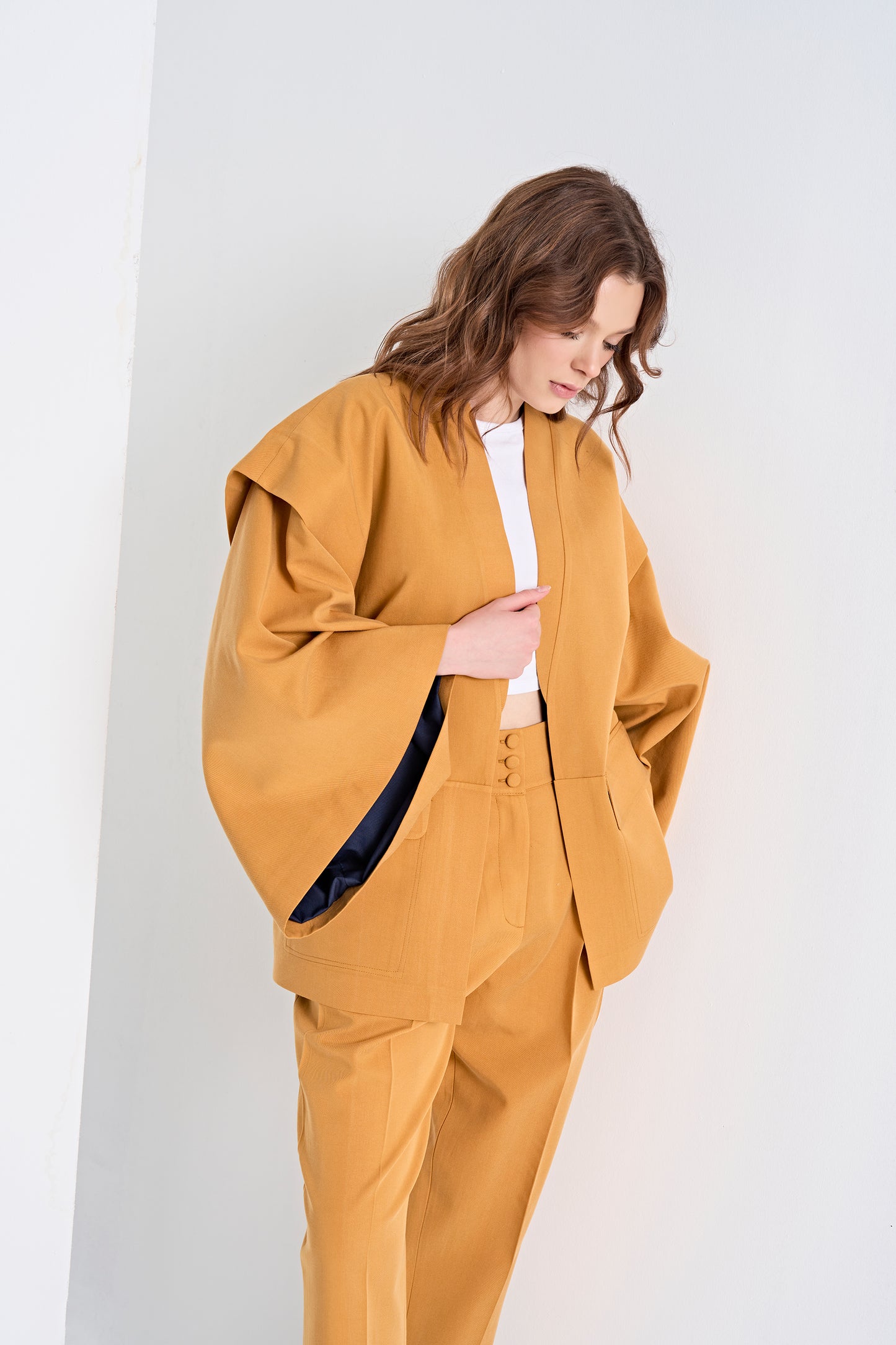 Open-Front Jacket with Layered Sleeves and Cropped Pants Set (Bottom)