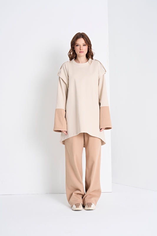 Two-Tone Top and Wide-Leg Pants Set (Bottom)