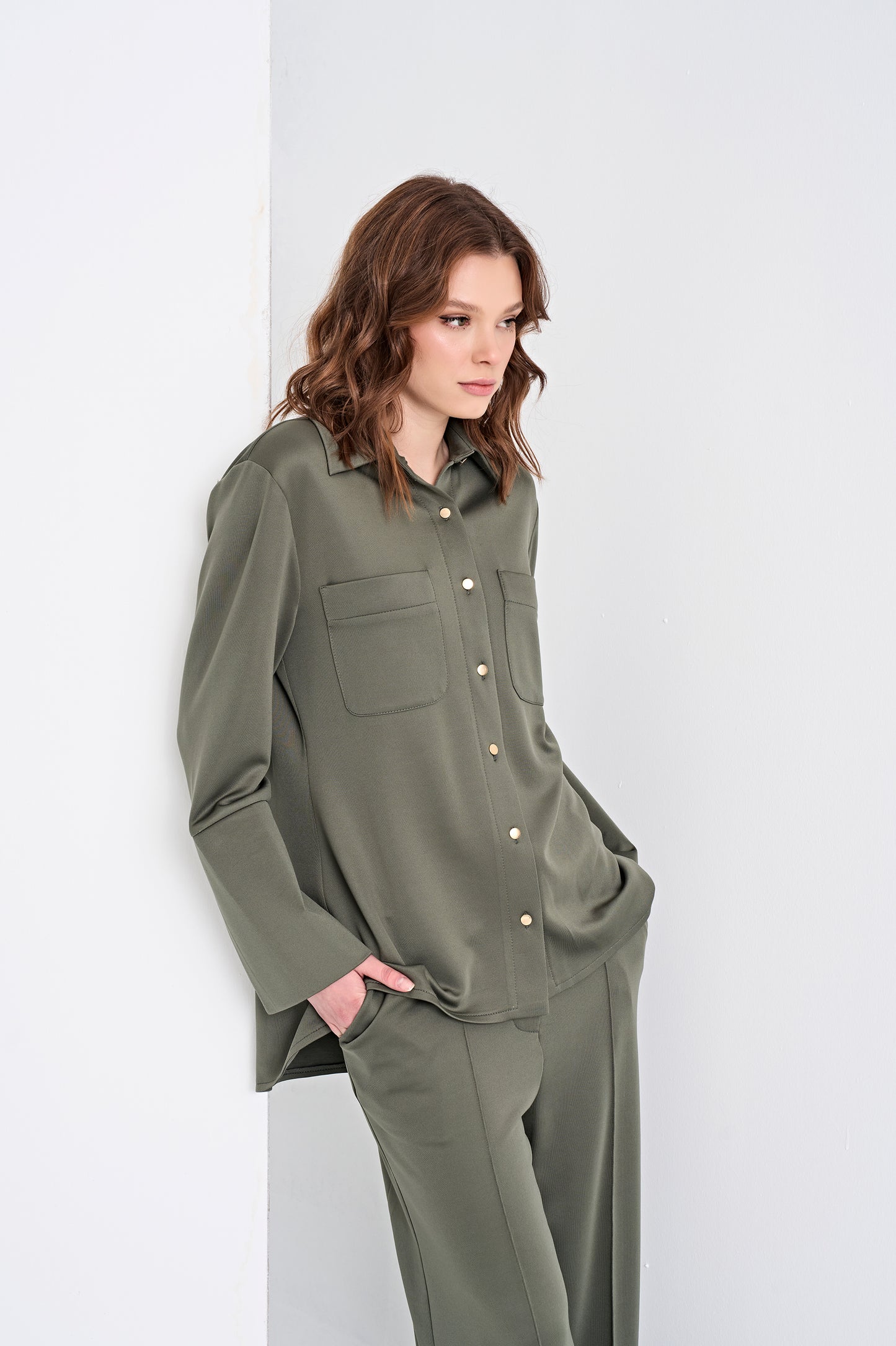 Button-Up Shirt and Wide-Leg Pants Set (Top)