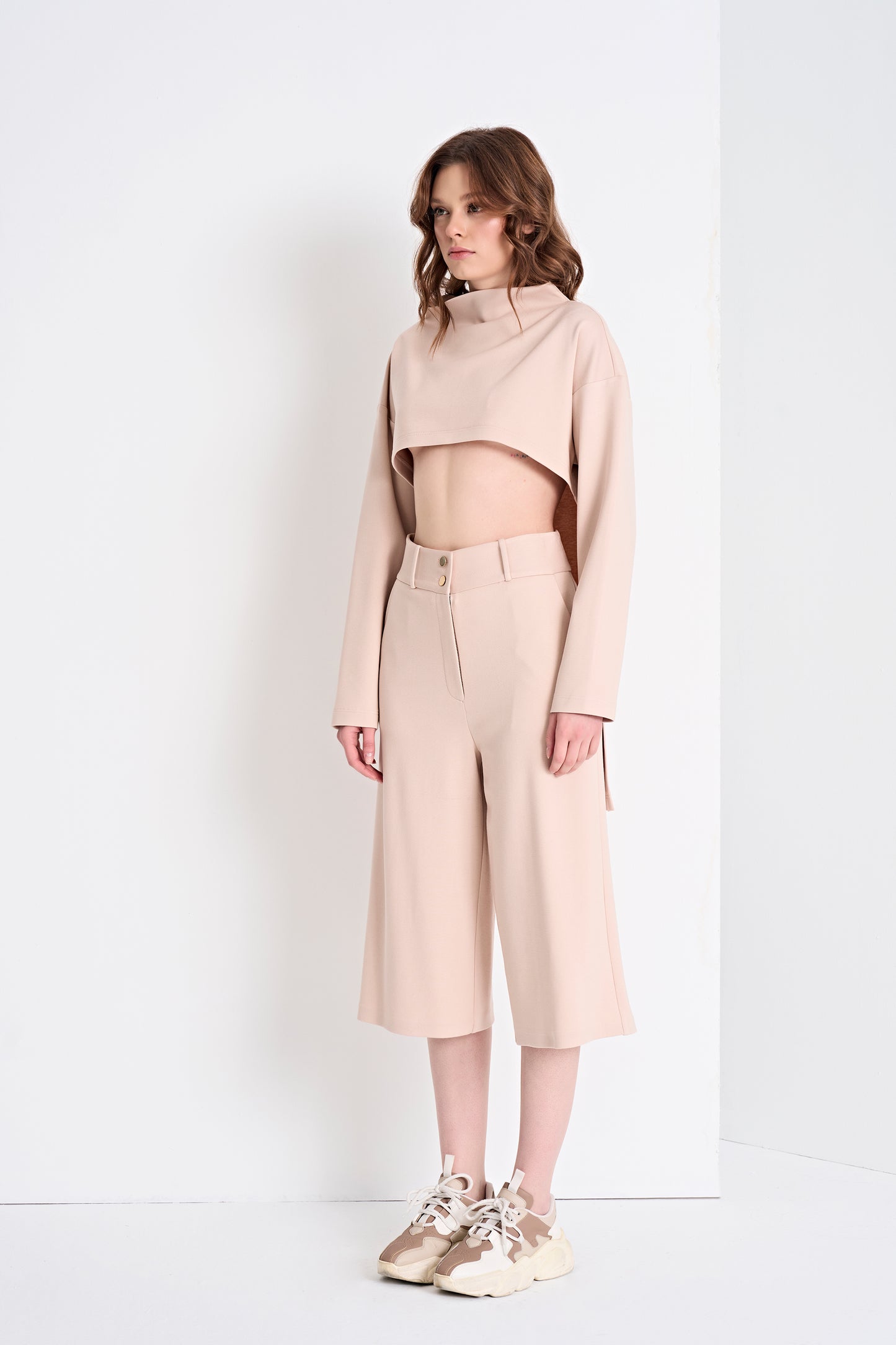 Cropped Turtleneck Top and Wide-Leg Cropped Pants Set (Top)