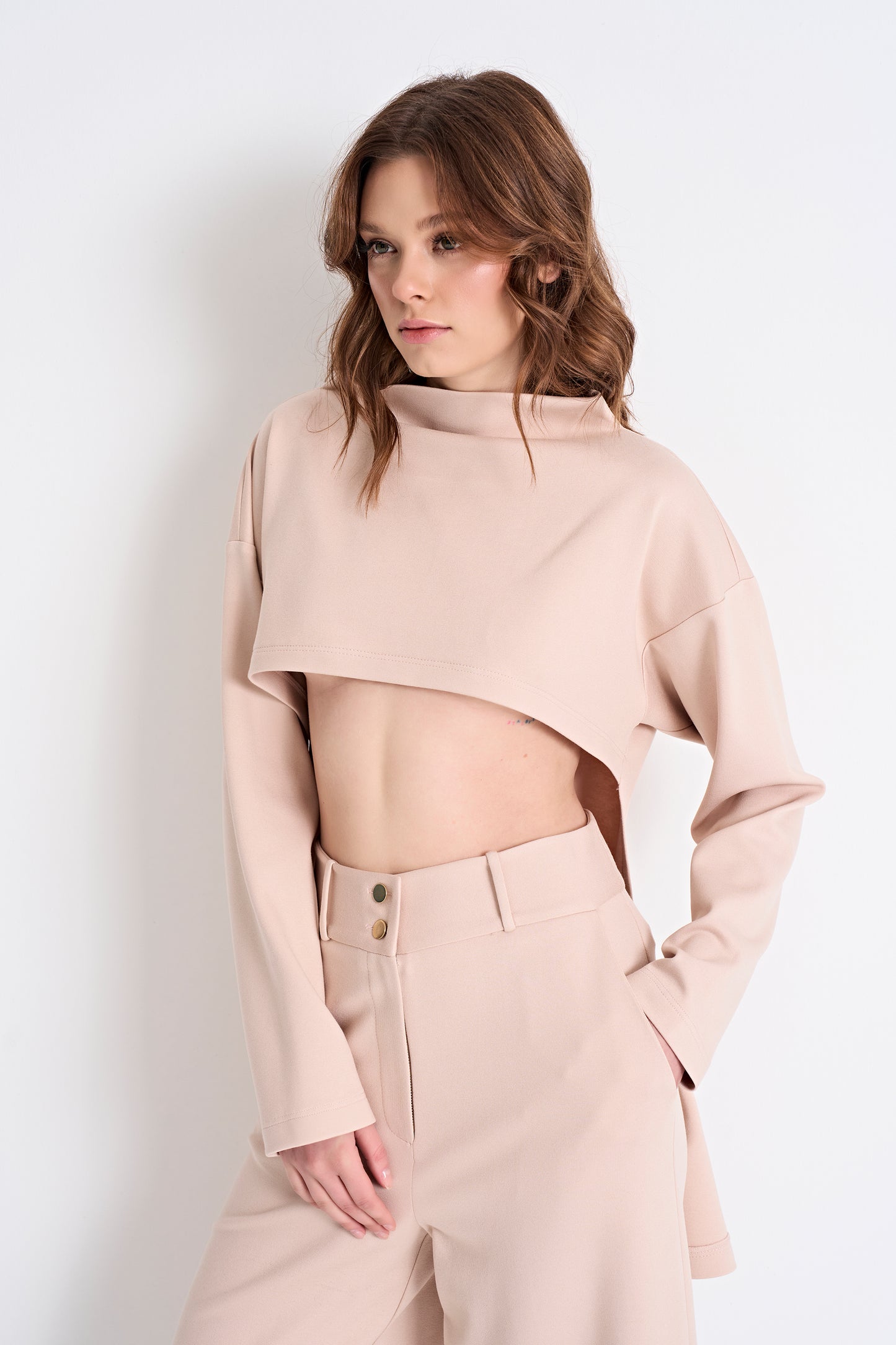 Cropped Turtleneck Top and Wide-Leg Cropped Pants Set (Top)