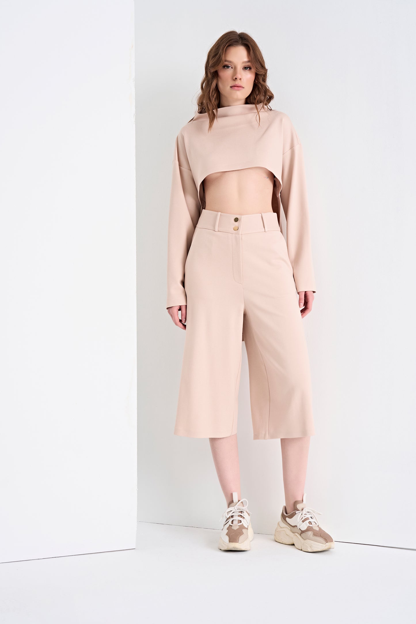 Cropped Turtleneck Top and Wide-Leg Cropped Pants Set (Top)