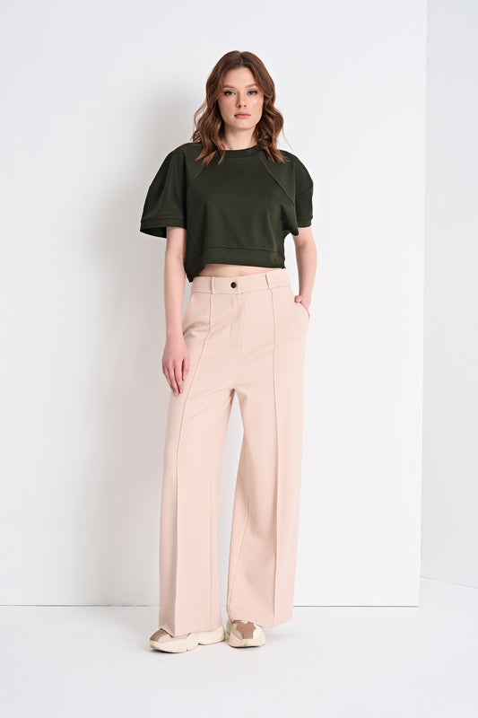Puff Sleeve Cropped Top and High-Waisted Wide-Leg Pants (Bottom)