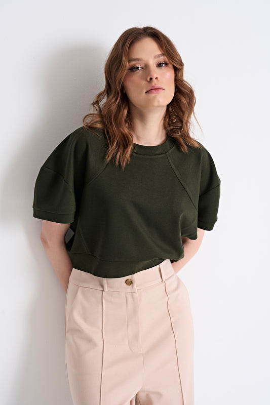 Puff Sleeve Cropped Top and High-Waisted Wide-Leg Pants (Top)