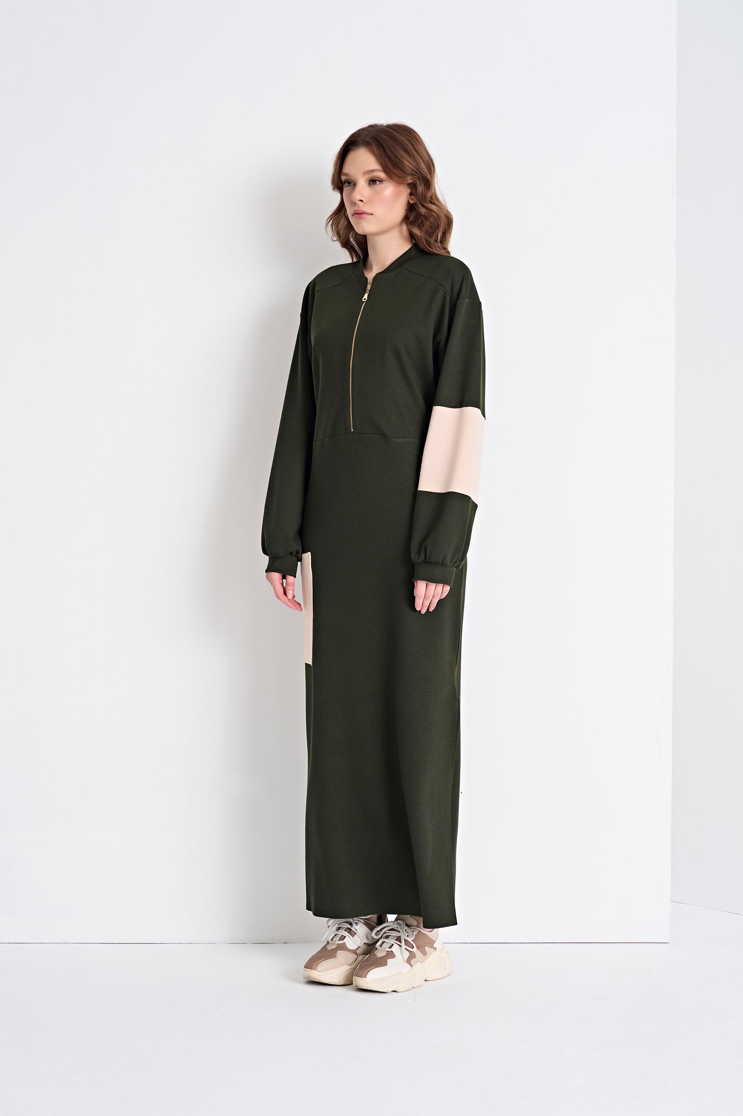 Color-Blocked Zip-Front Maxi Dress