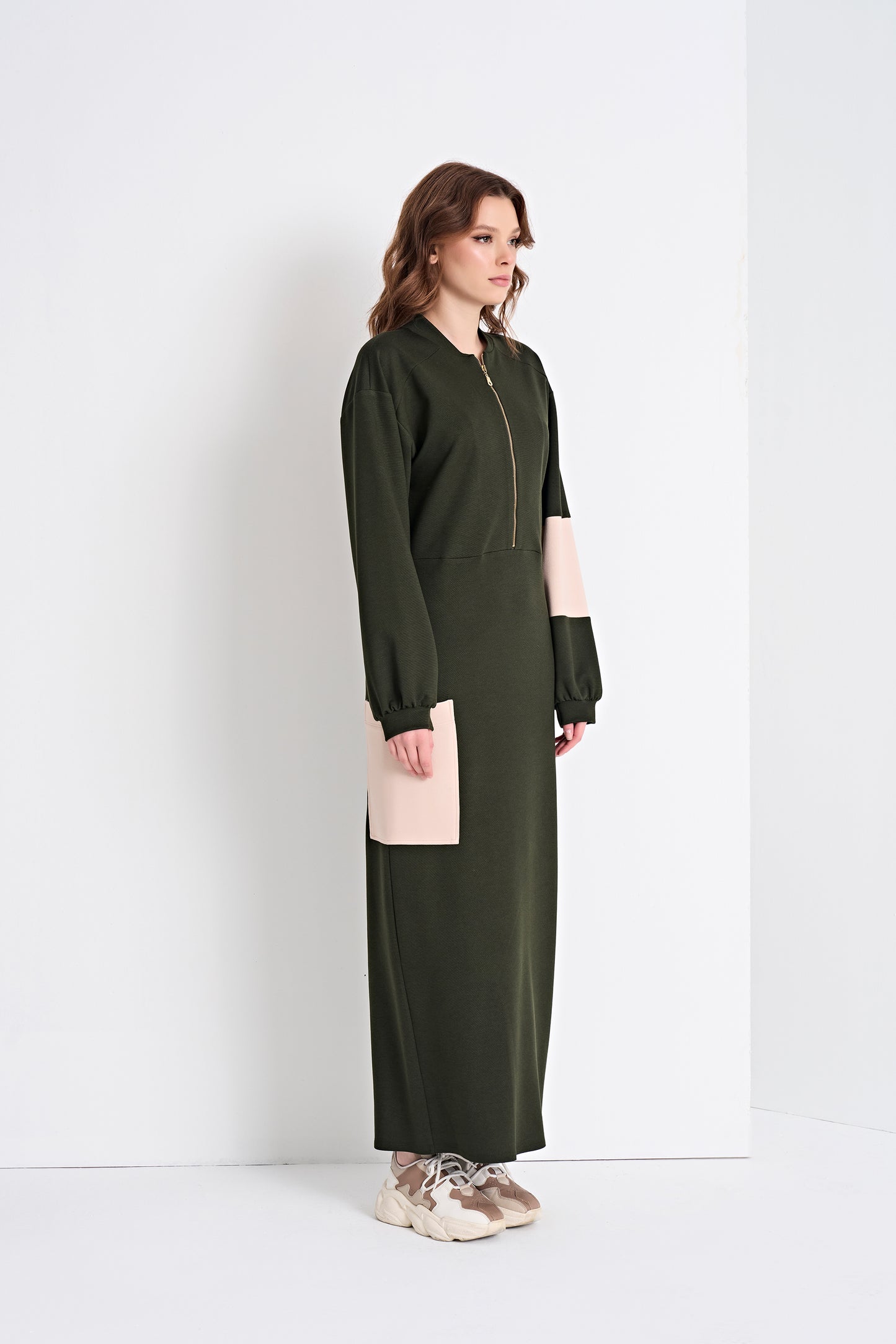 Color-Blocked Zip-Front Maxi Dress