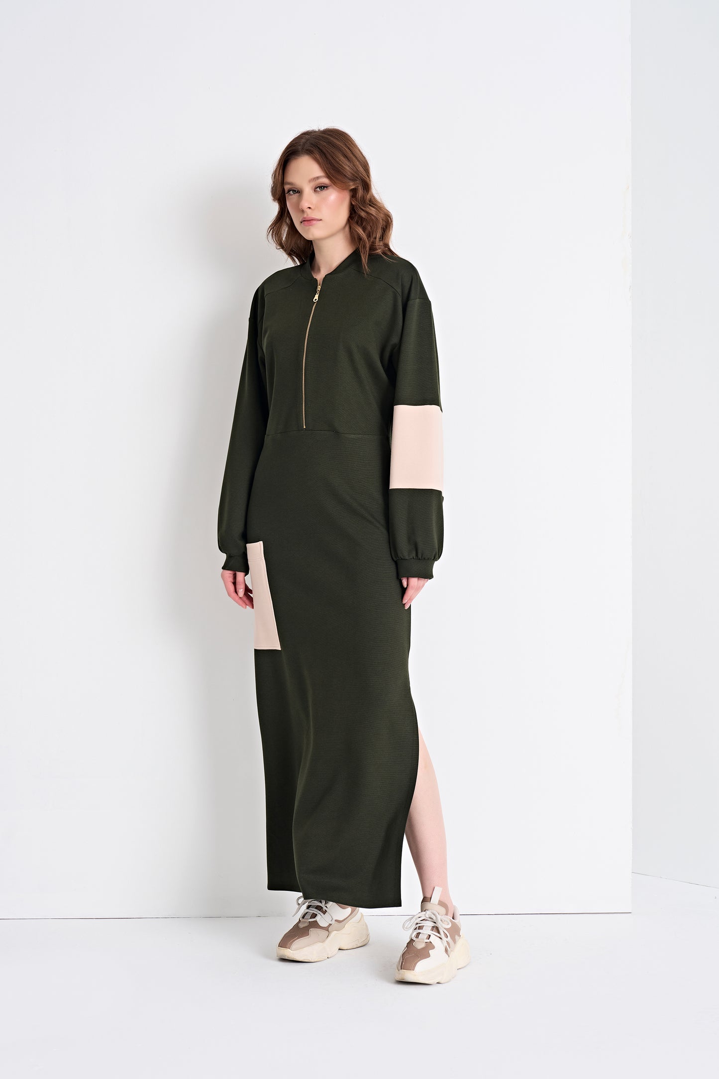 Color-Blocked Zip-Front Maxi Dress