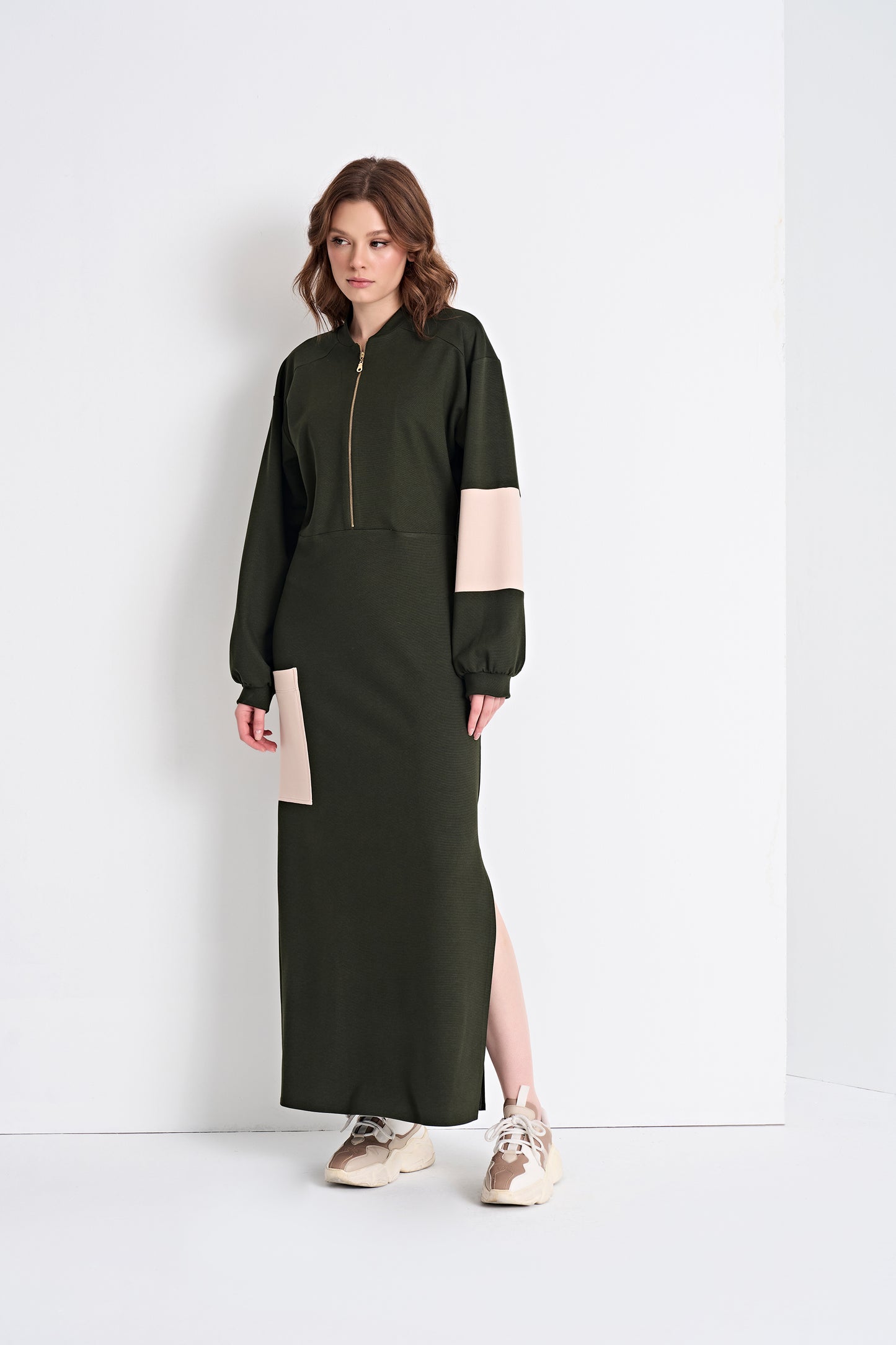 Color-Blocked Zip-Front Maxi Dress