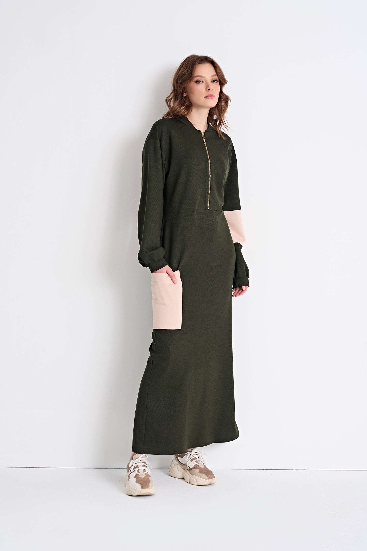 Color-Blocked Zip-Front Maxi Dress