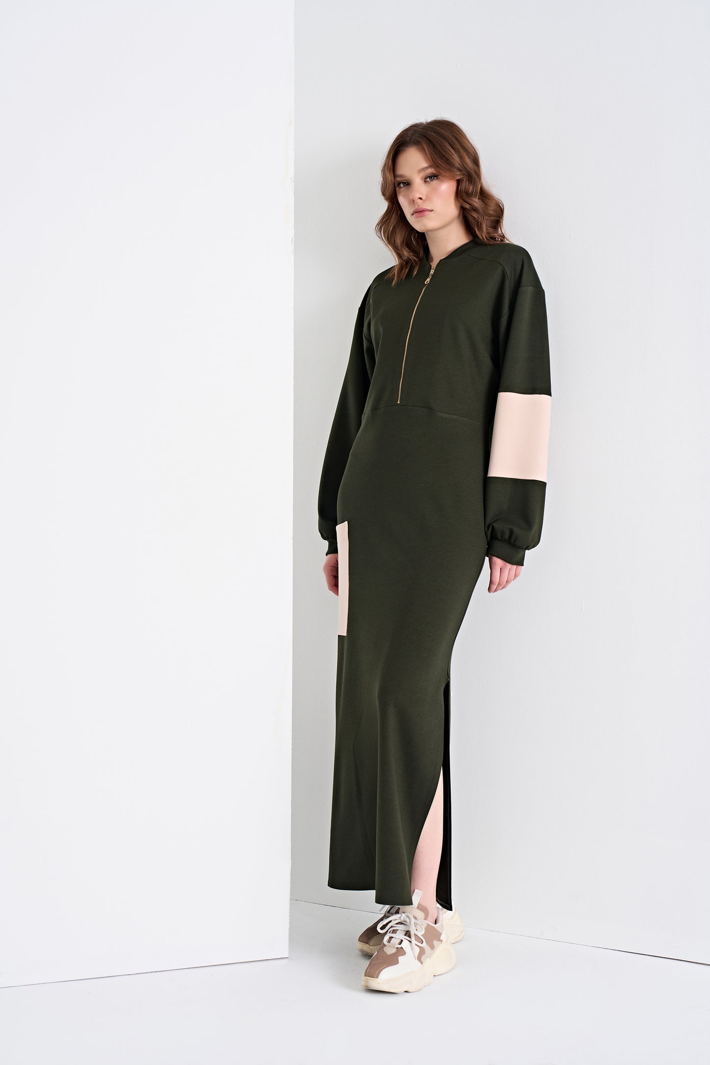 Color-Blocked Zip-Front Maxi Dress