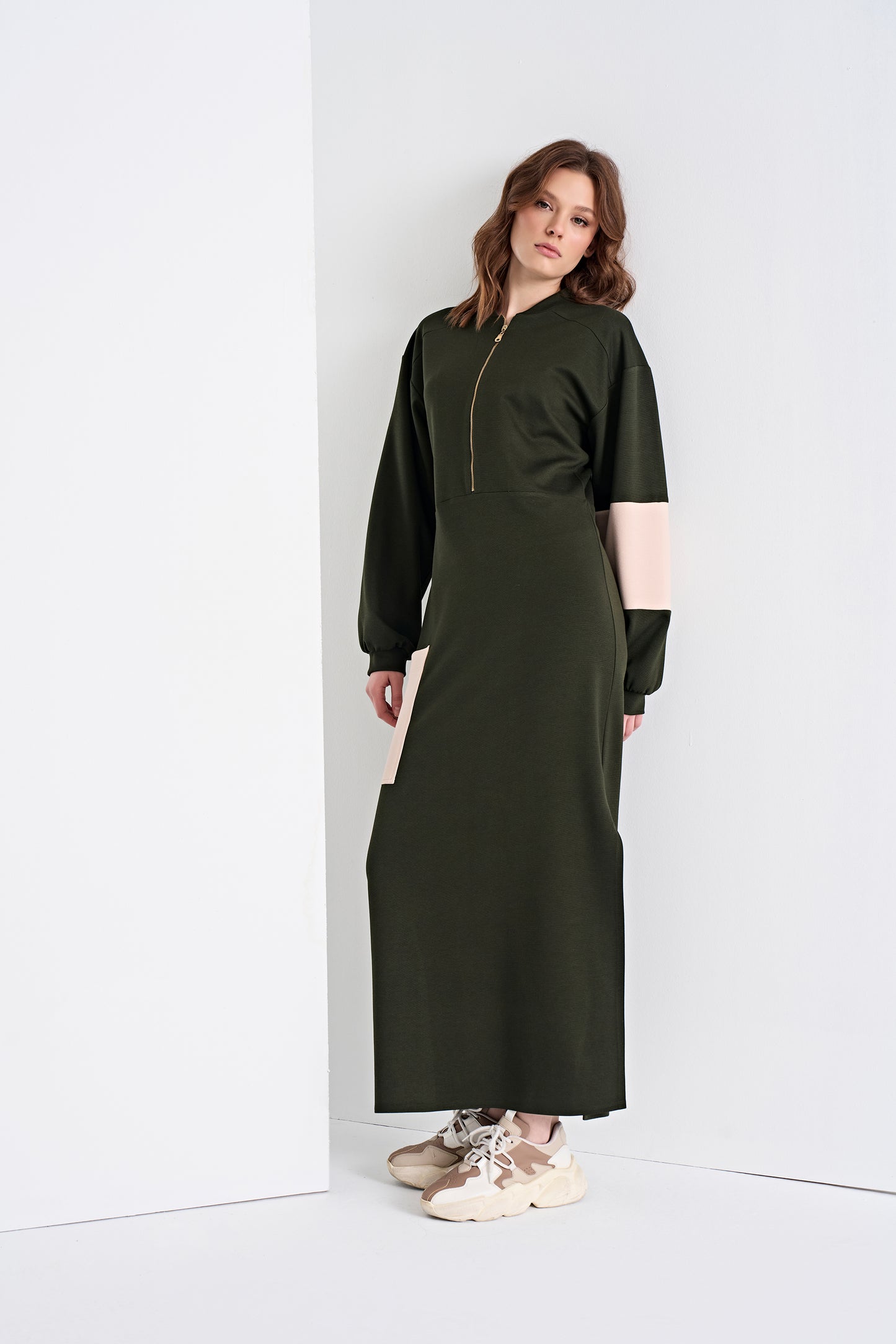 Color-Blocked Zip-Front Maxi Dress