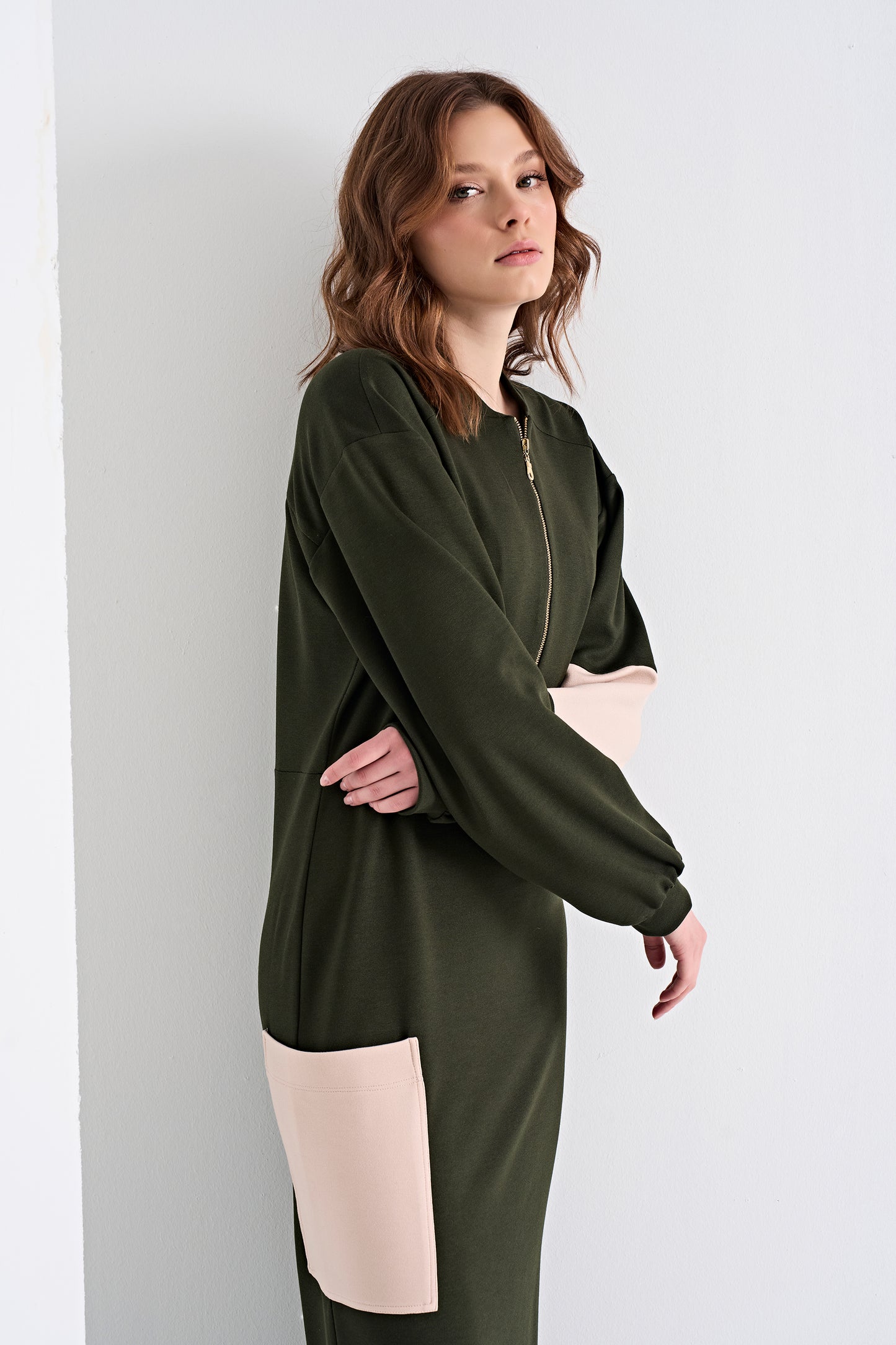 Color-Blocked Zip-Front Maxi Dress