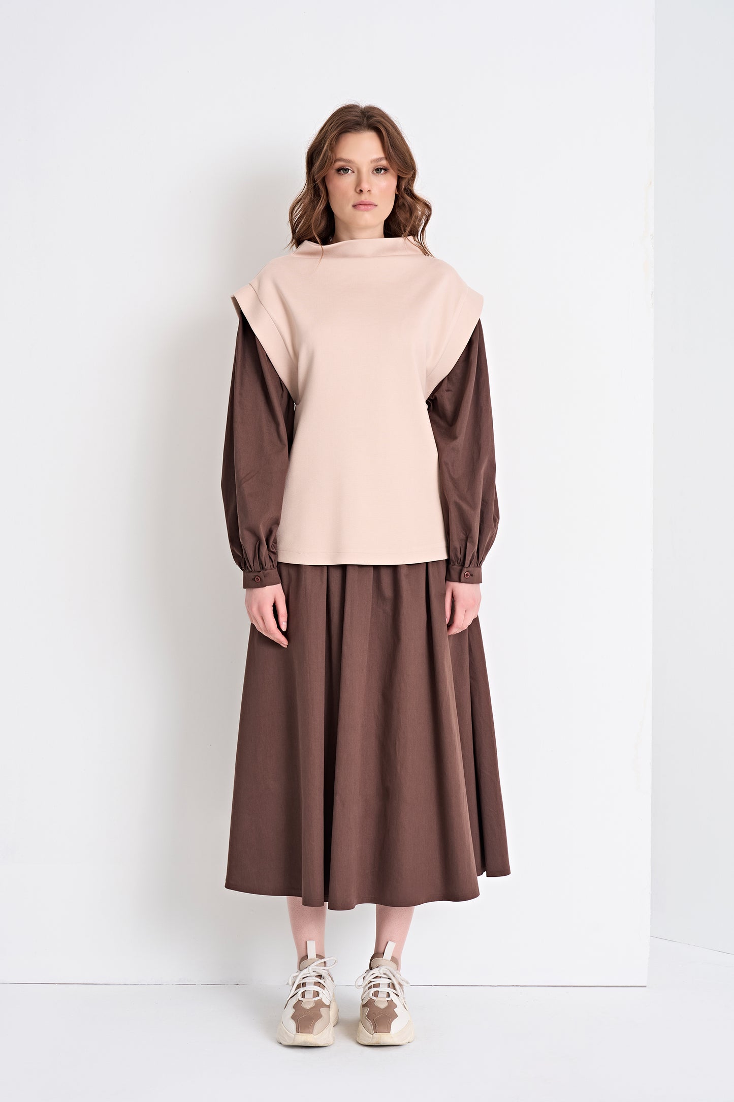 Layered Look Top and Flowy Midi Skirt Set (Top)