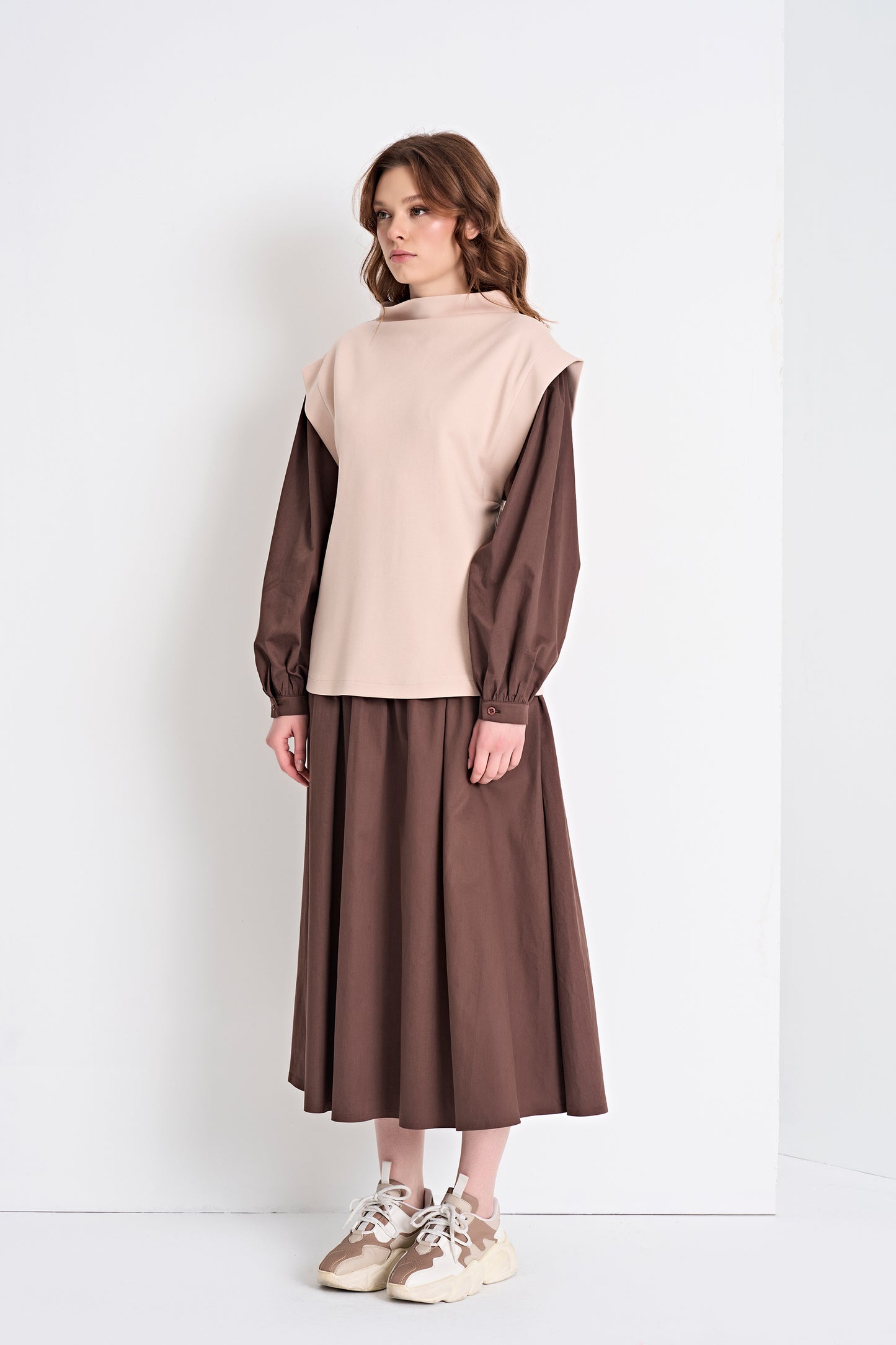 Layered Look Top and Flowy Midi Skirt Set (Top)