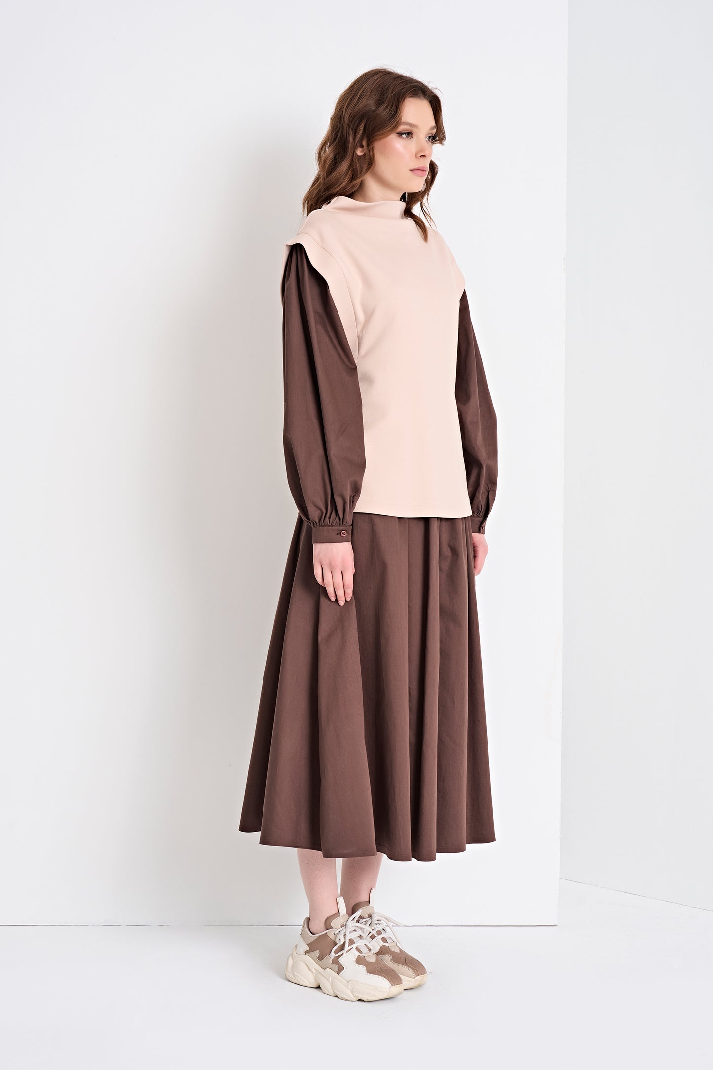 Layered Look Top and Flowy Midi Skirt Set (Top)