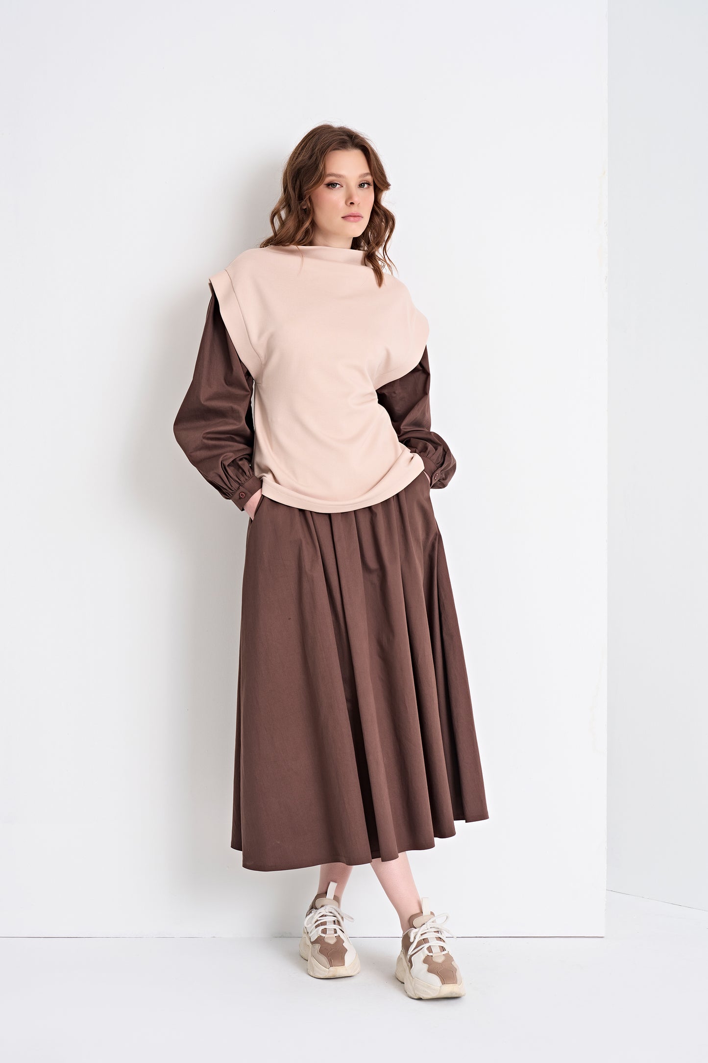 Layered Look Top and Flowy Midi Skirt Set (Top)