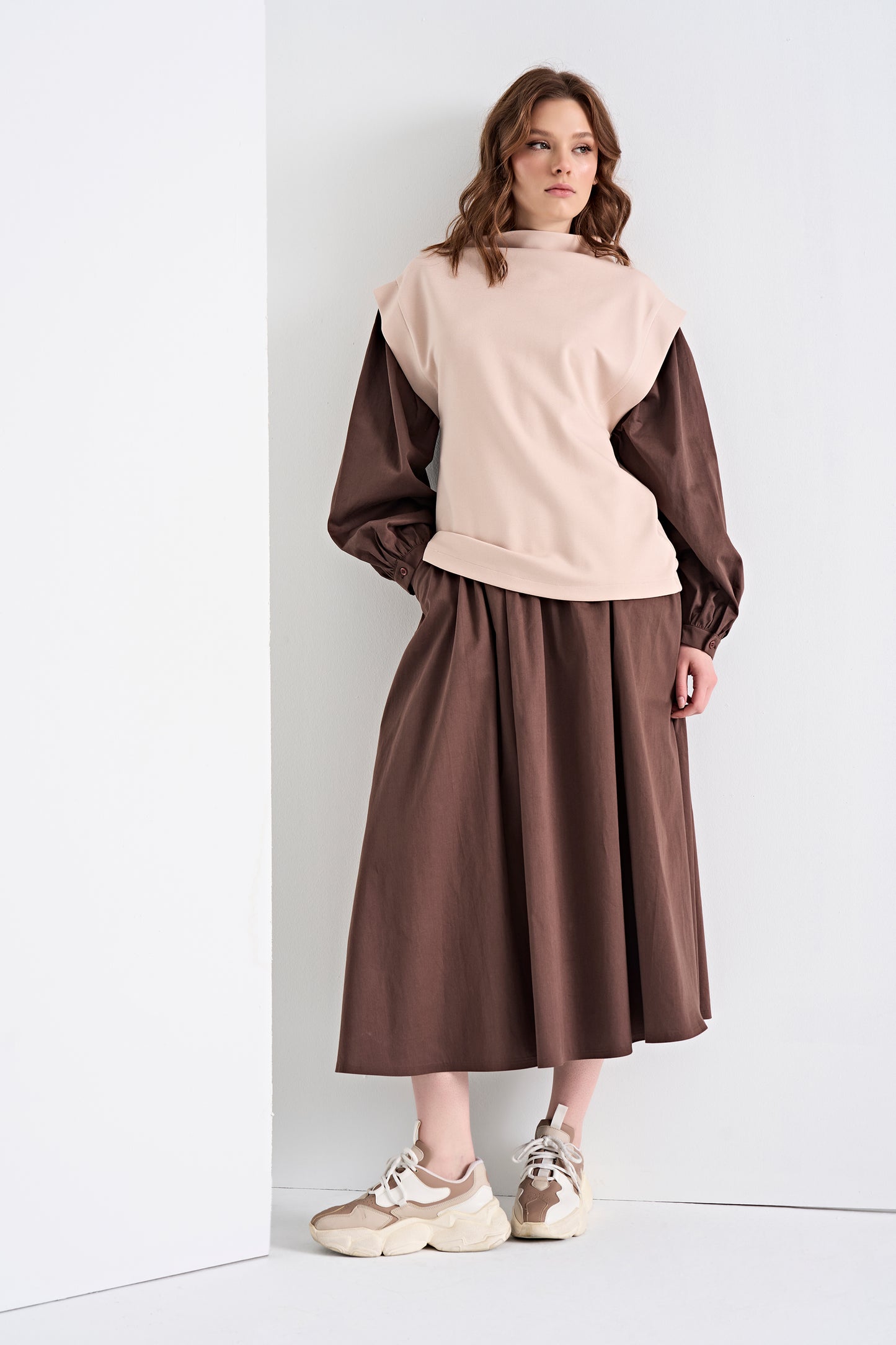 Layered Look Top and Flowy Midi Skirt Set (Top)