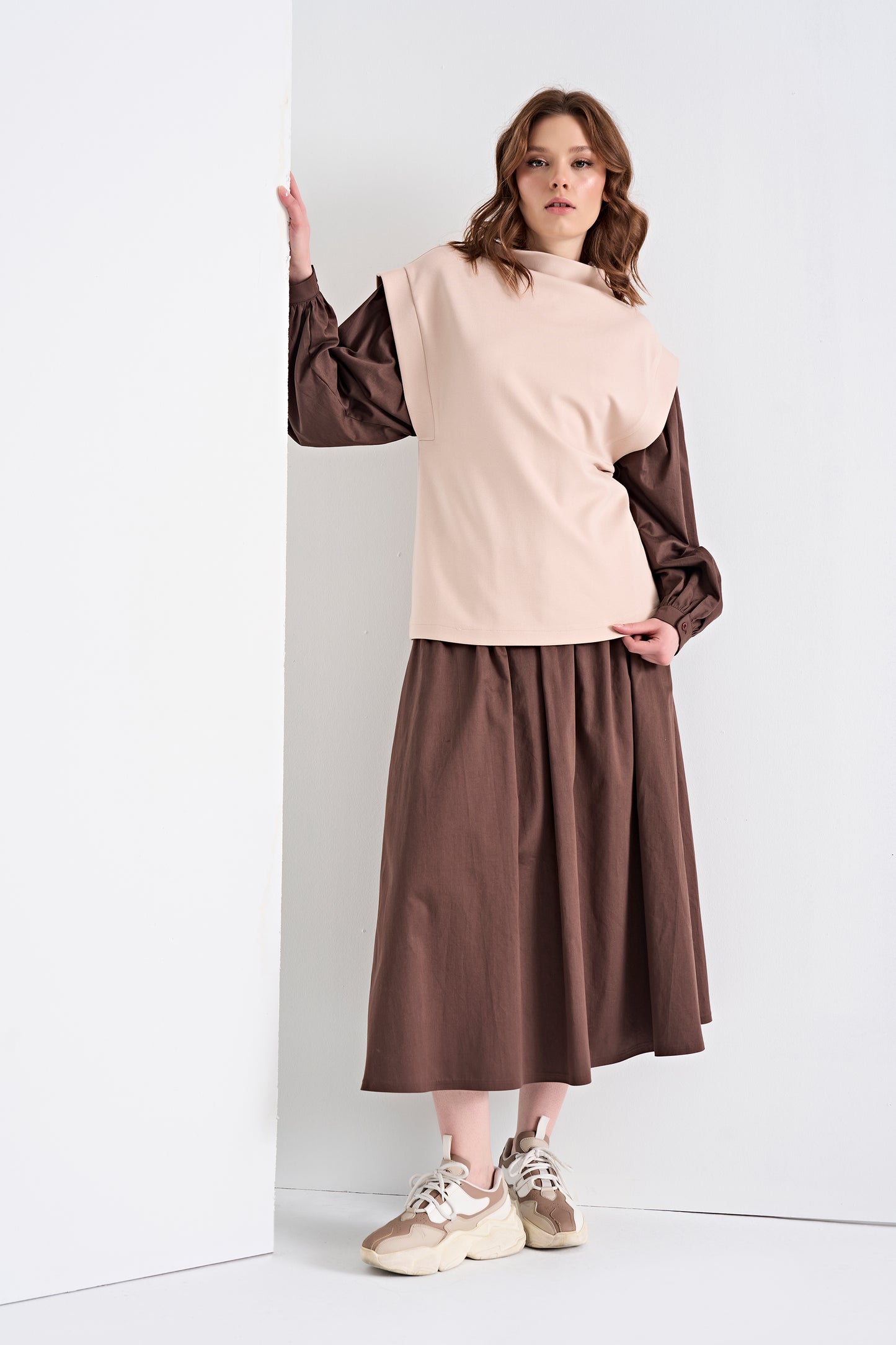 Layered Look Top and Flowy Midi Skirt Set (Top)