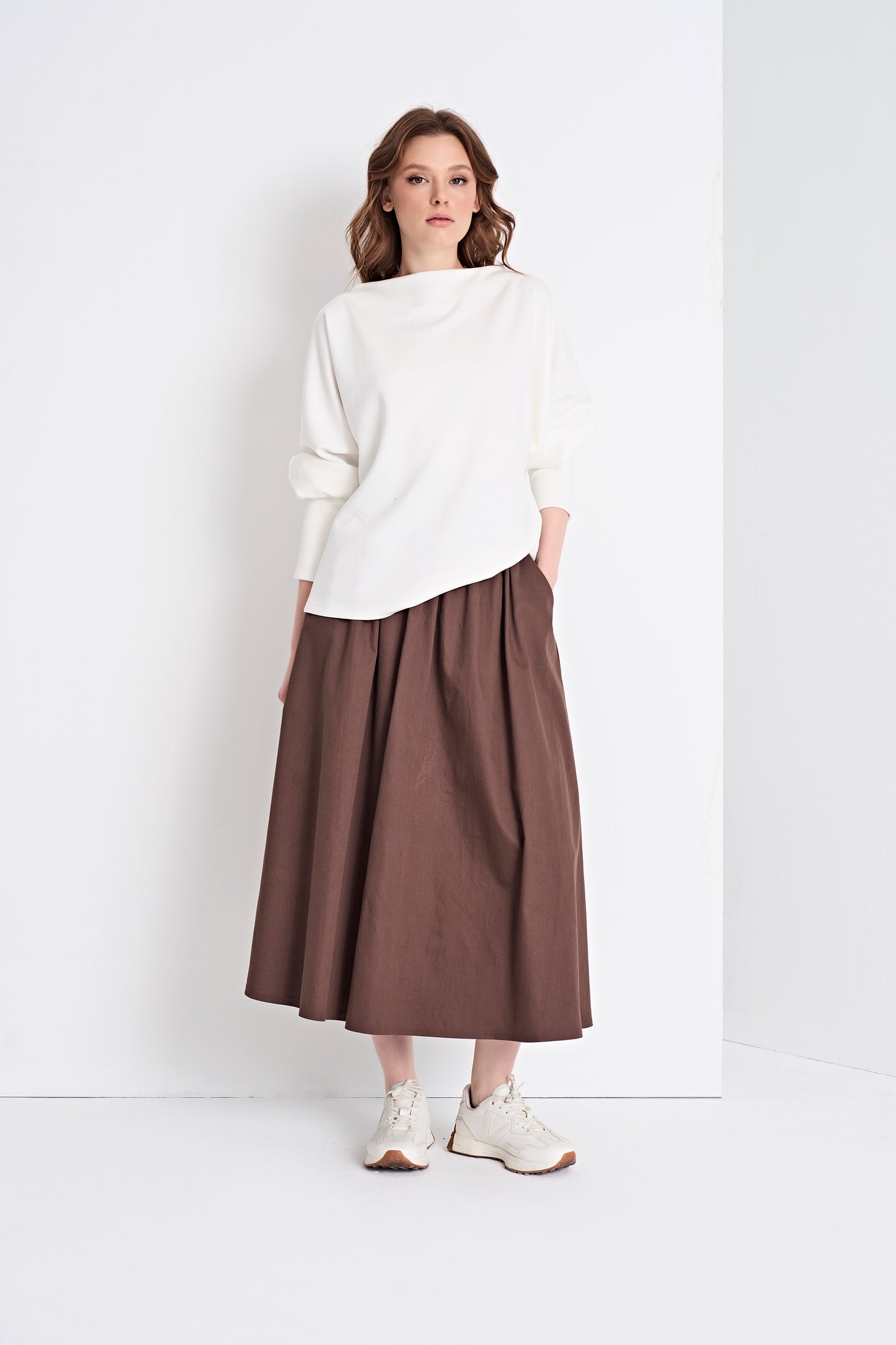 Boat Neck Top and Flowy Midi Skirt (Bottom)
